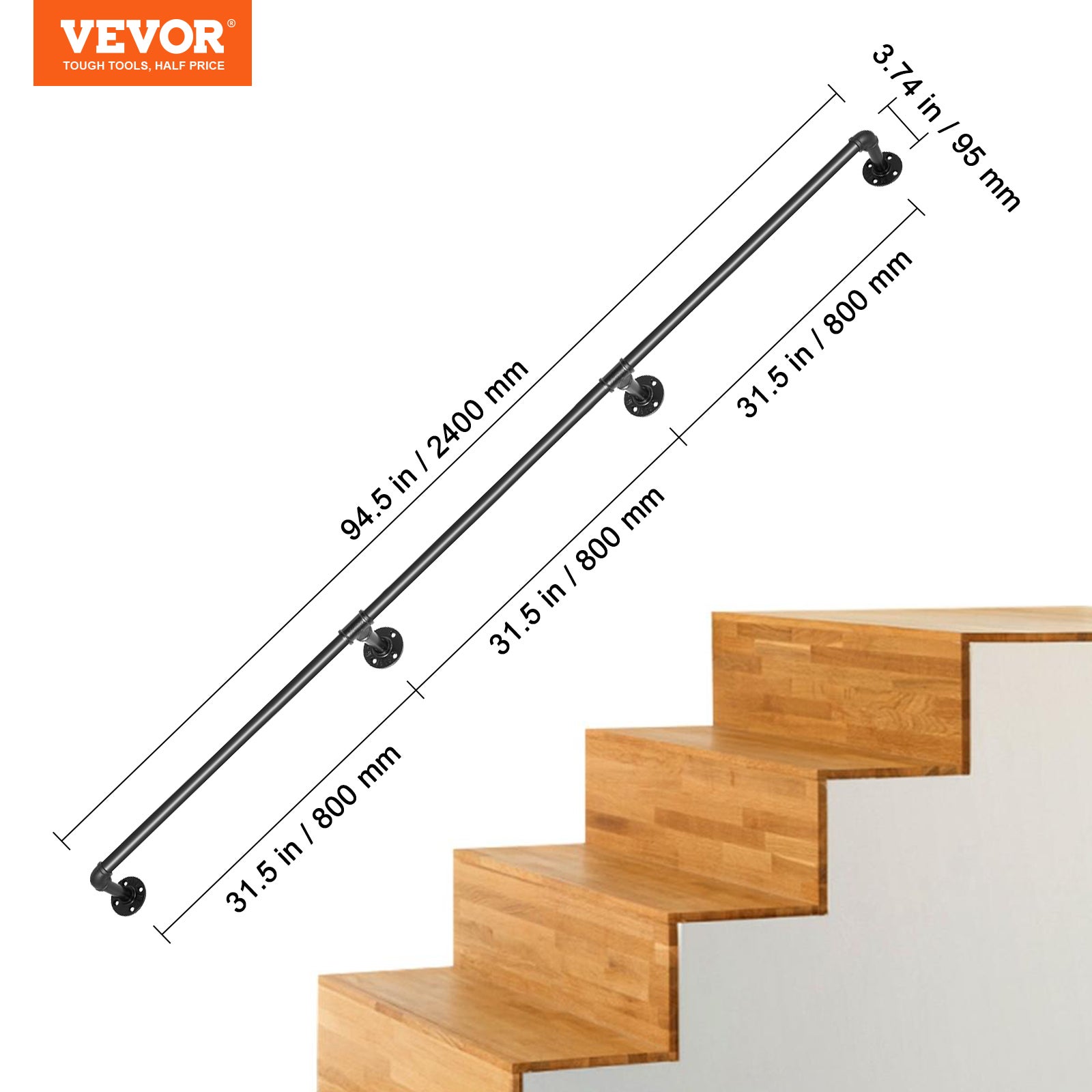 Rampe Escalier Murale VEVOR 2,4 m Main Courante Acier Carbone Garde-Corps Métal Capacité Charge 200 kg/Tube Rambarde 3 Tubes 32 mm 4 Supports Muraux - 7