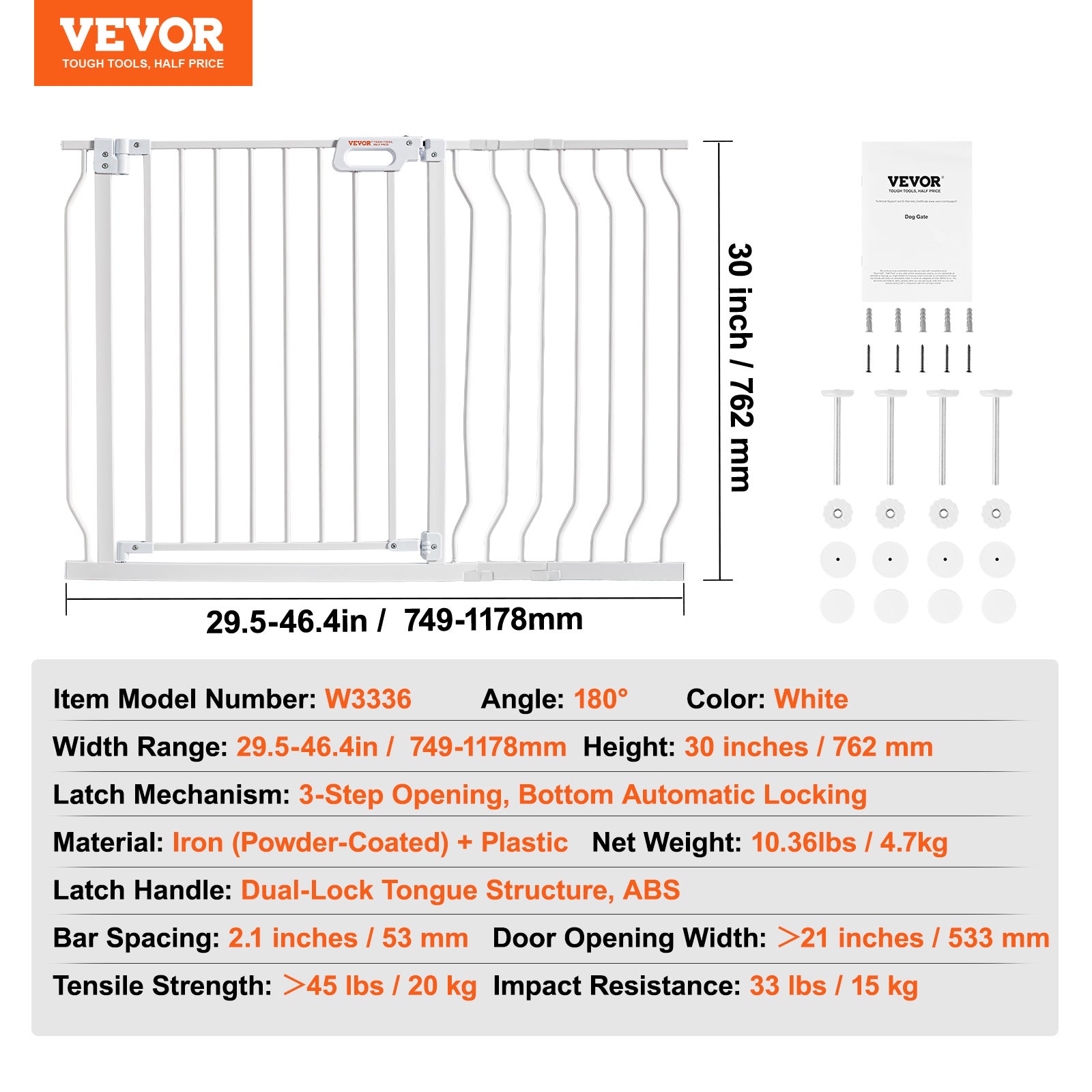 Barriere de Securite Extensible 75-118 cm Hauteur 76 cm Barriere deEscalier a Fermeture Automatique sans Percage Grande Ouverture 533 mm a 180° VEVOR - 7