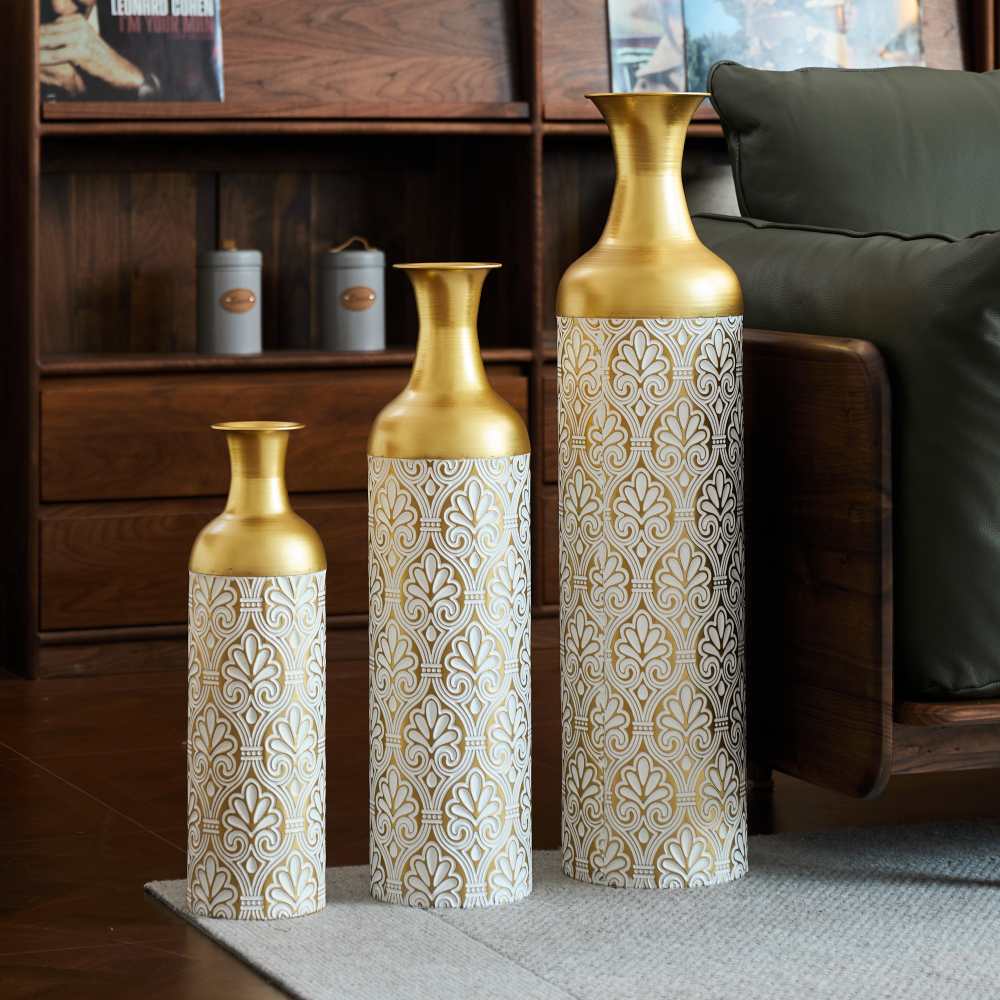 Conjunto de 3 vasos de chão em metal branco – Vasos decorativos grandes de 83/65/50 cm para flores secas, sala de estar e quarto. - 8