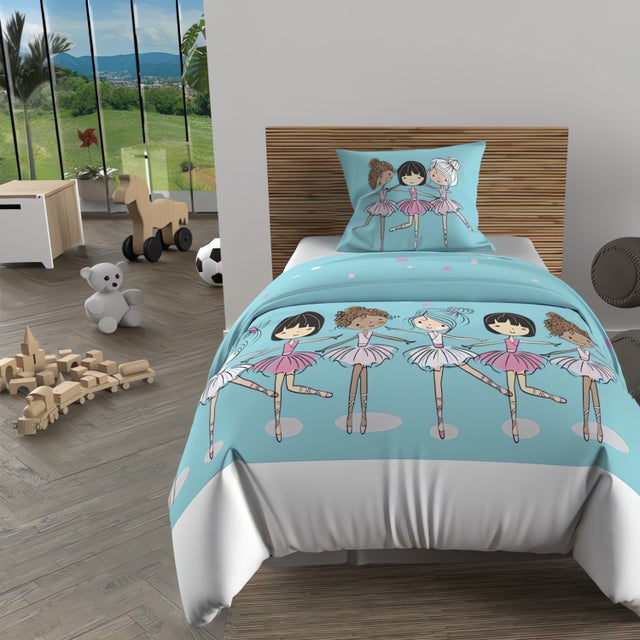 Parure housse de couette 140x200 cm DANSEUSES bleu, 100% coton 57 fils/cm2,