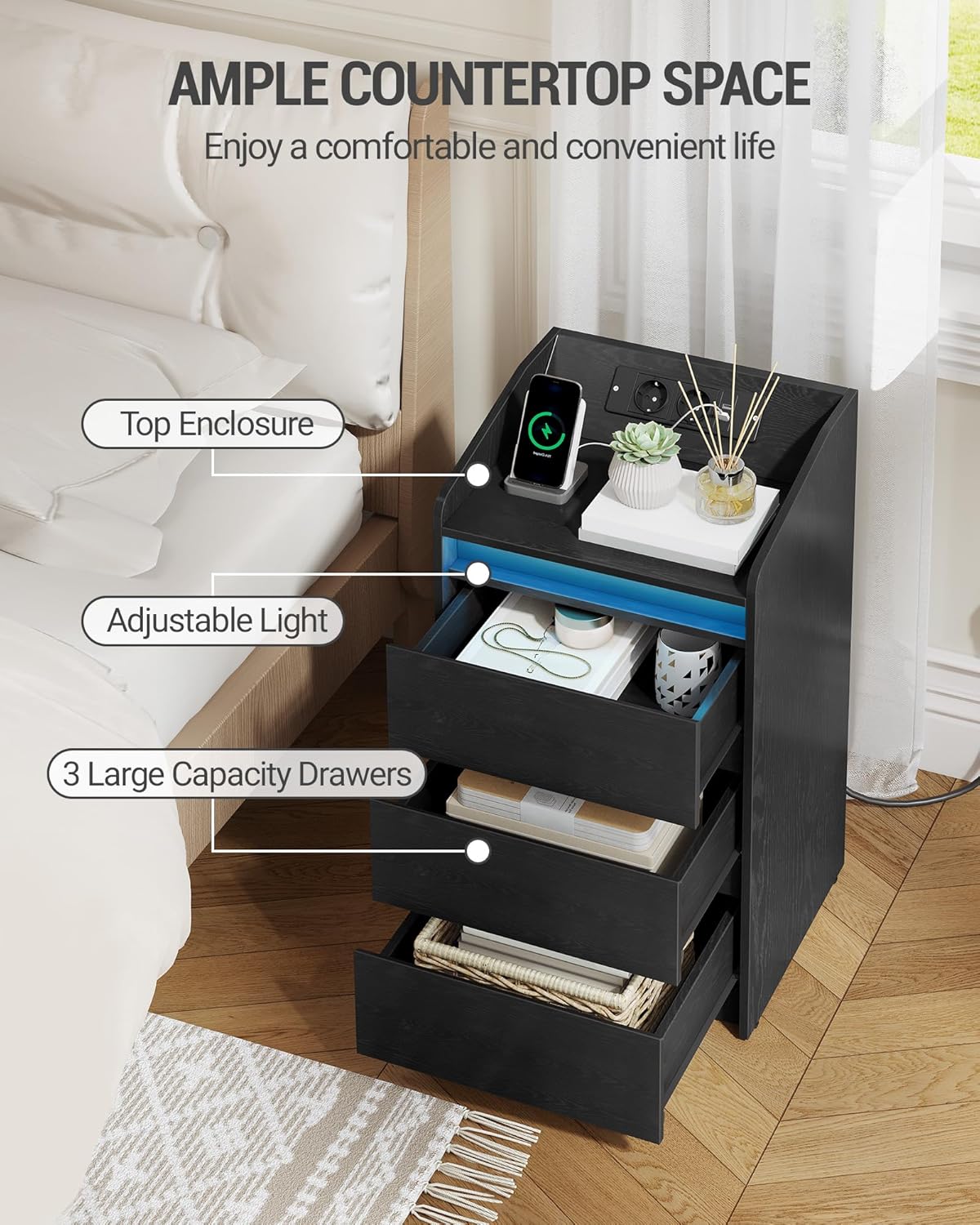 Stolik nocny z 3 szufladami, stolik boczny ze stacją ładującą i diodą LED, 2 porty AC i 2 porty USB do sypialni, salonu, Czarny - 6