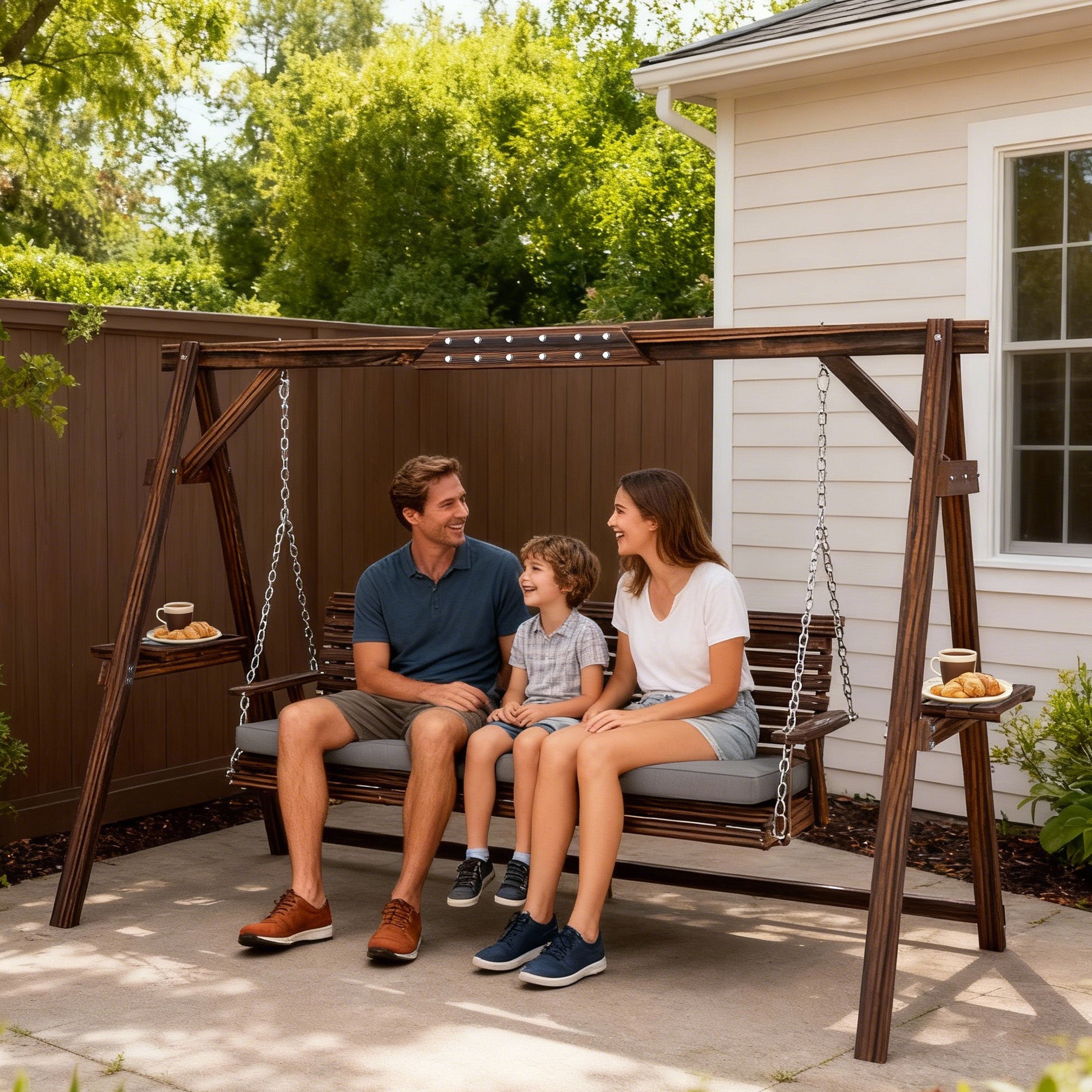 Swing hollywoodien balançoire jardin bois 3 places coussin assise étagères jusqu'à 330 kg calcinées - 4