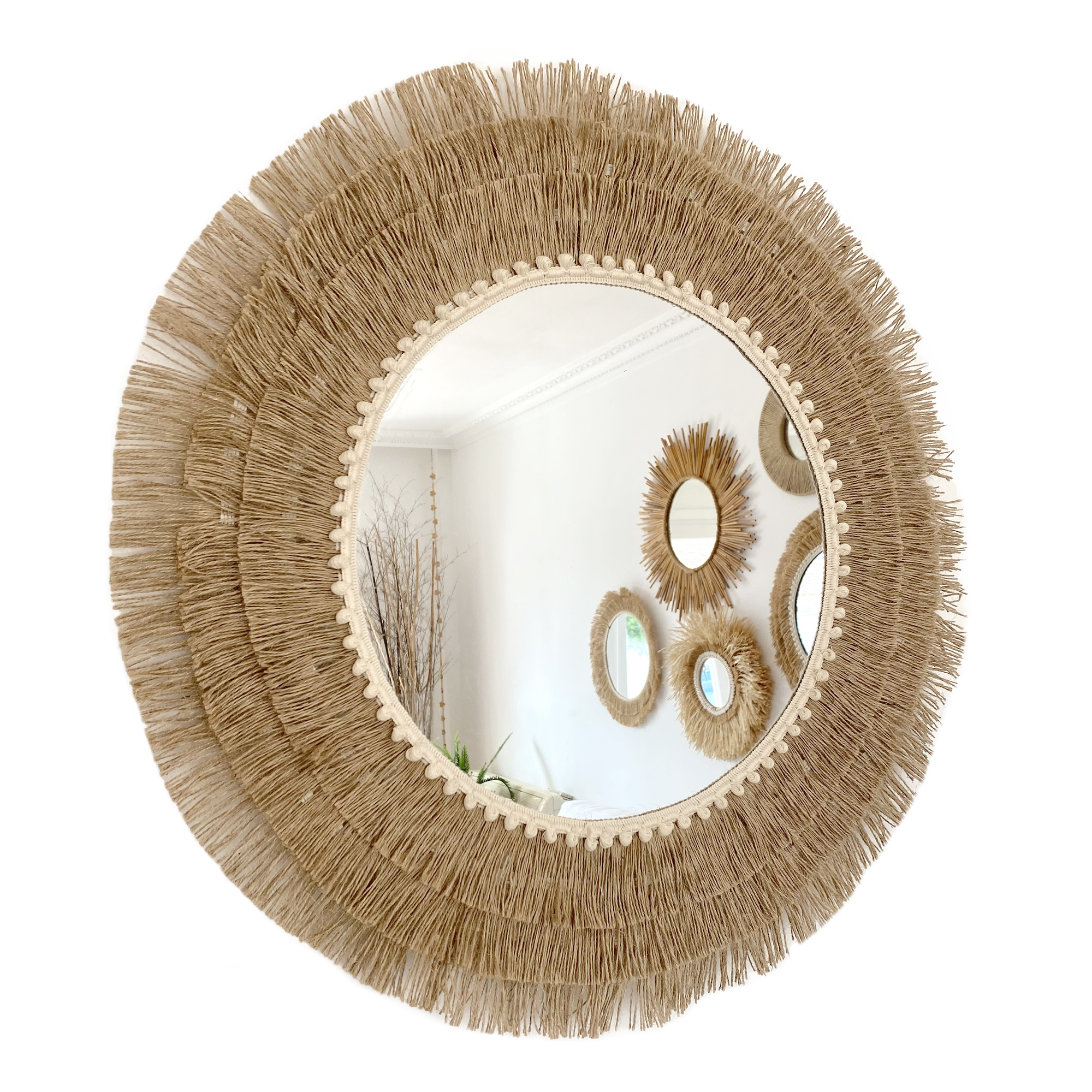 Espejo redondo decorativo de yute natural, cuerda y fibras naturales, con flecos de yute - jute iii 35cm