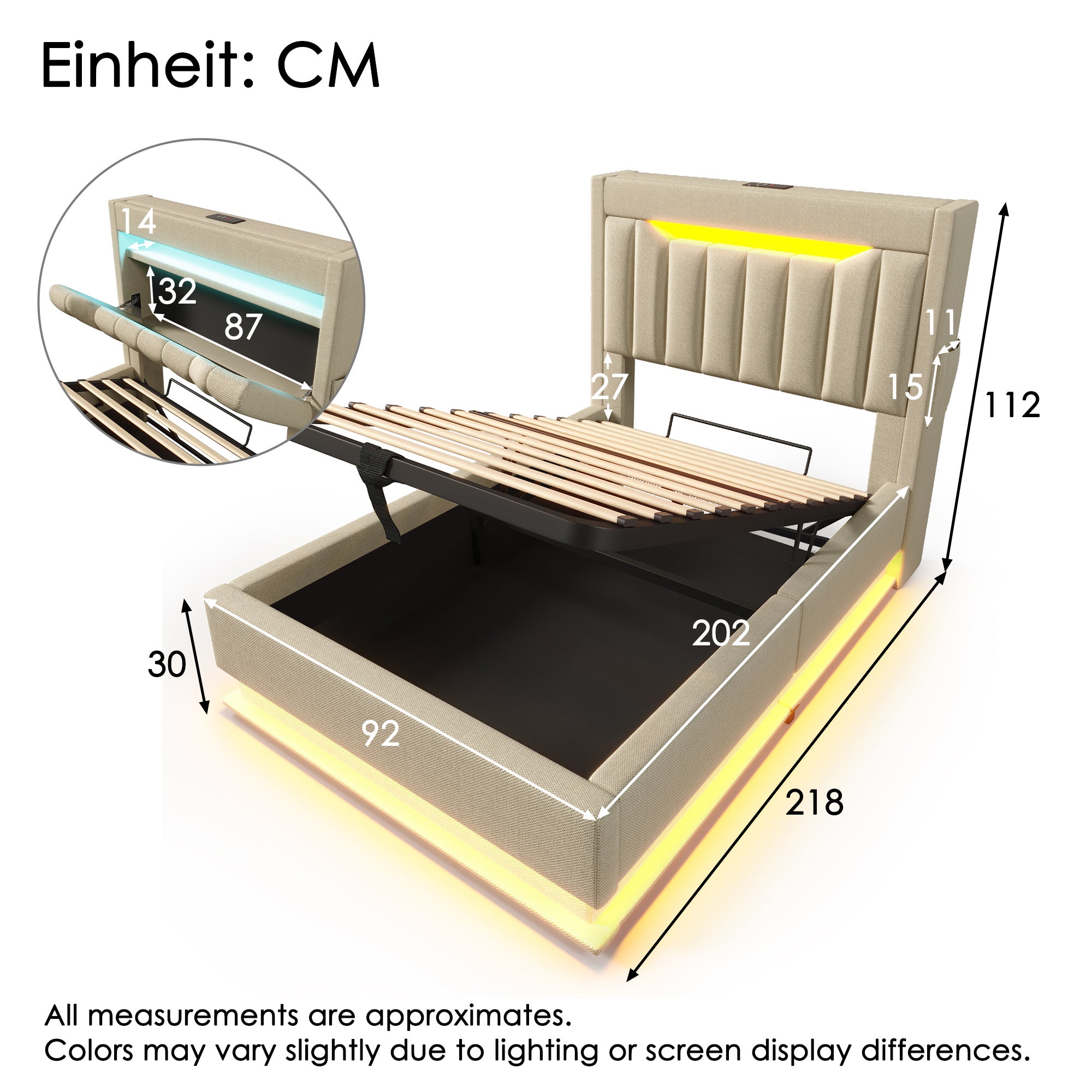 Cama canapé tapizada 90x200cm - con LED - con puertos USB y Tipo C - Tejido de lino - Cabecero con espacio de almacenaje - Beige - 5