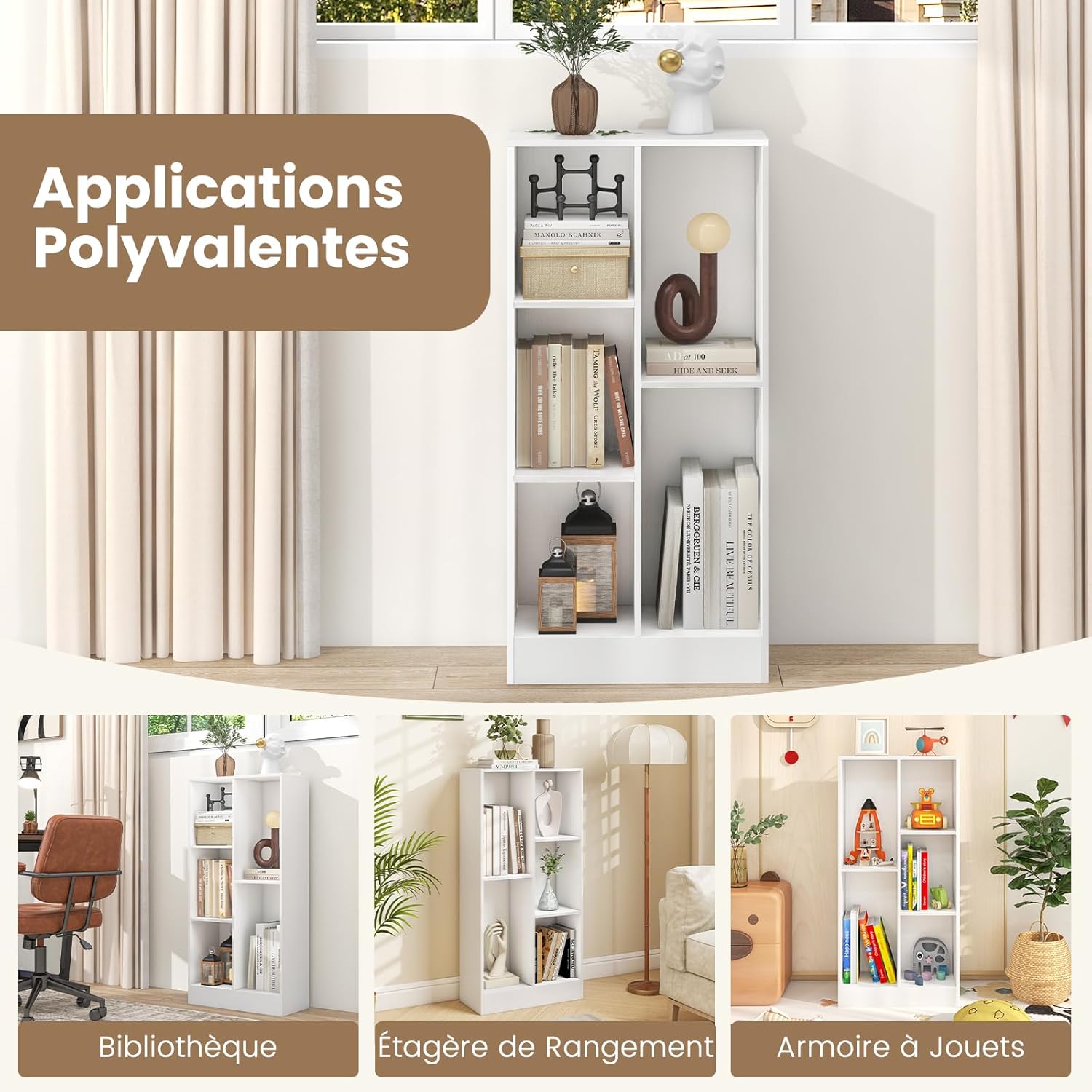 Libreria a 5 Cubi, Organizzatore di Stoccaggio Autoportante a 3 Livelli con 2 Kit Antiribaltamento, Mensola in Legno per Soggiorno Camera da L - 8