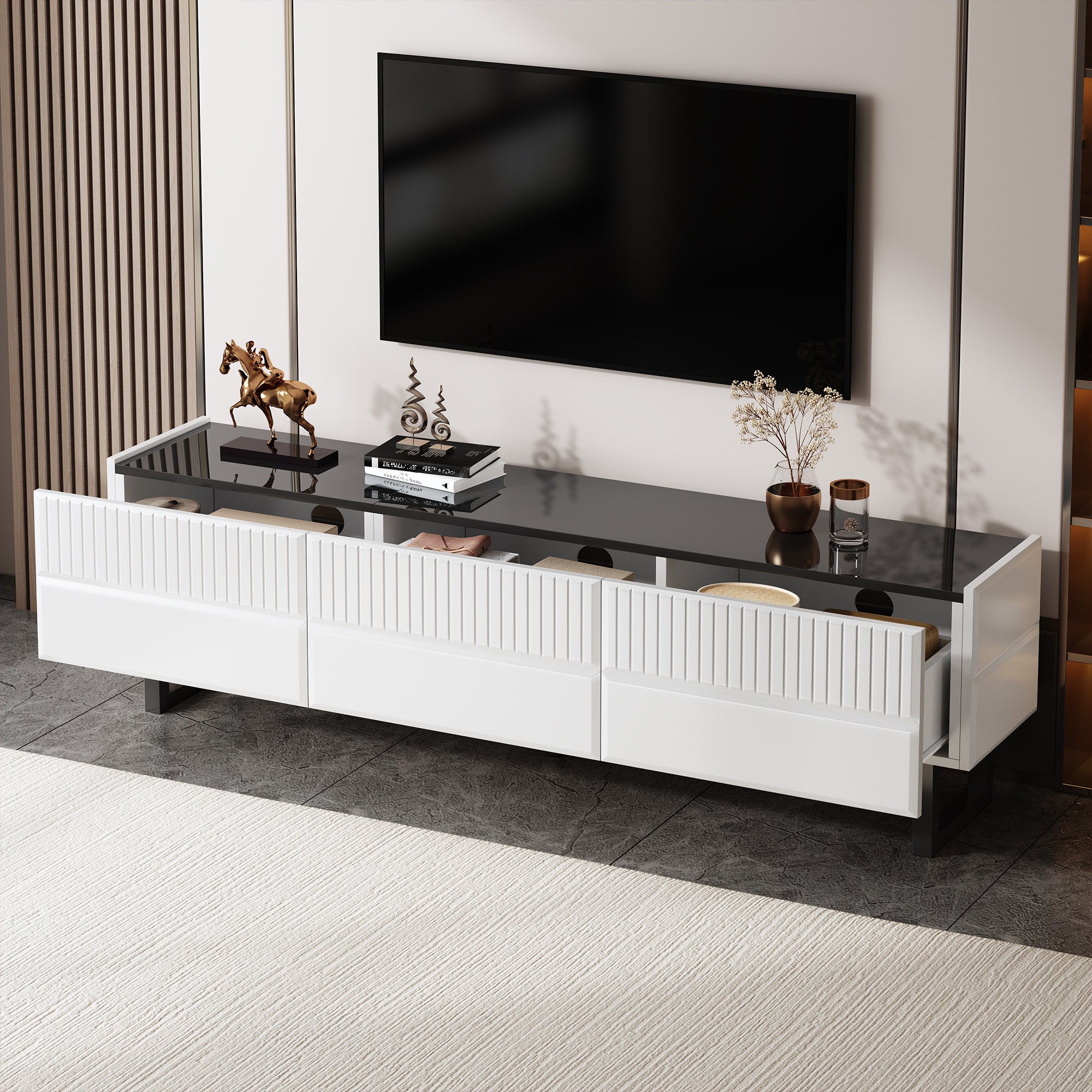 Stojak pod TV z 3 drzwiami - 170 x 35 x 47 cm - Płyta wiórowa, MDF i metalowe nogi - Czarny + biały - 3
