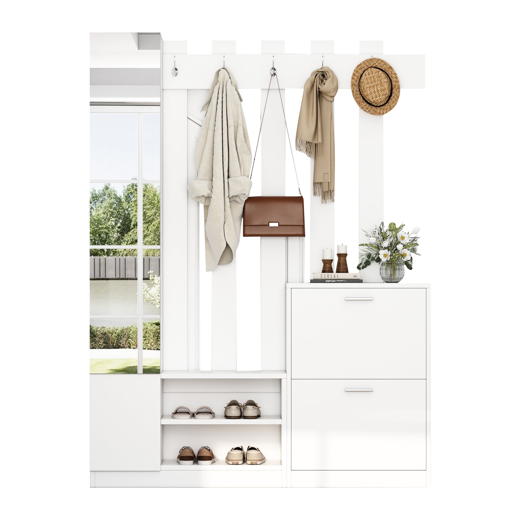 Ensemble meuble à chaussures avec miroir + banc + 2 armoires et penderie - 135 x 25 x 180 cm - Panneau de particules - Blanc - 9