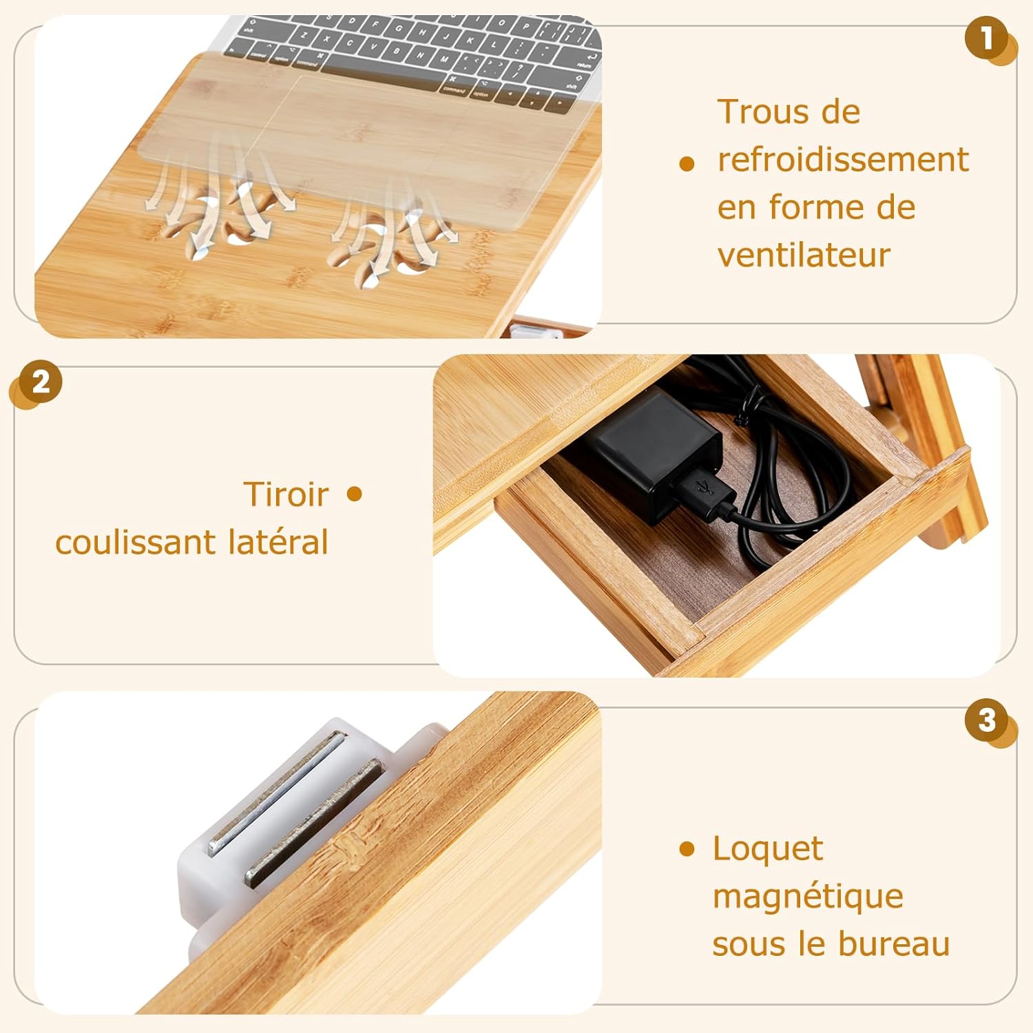 Table de Lit Pliable, Hauteur Réglable, Plateau Inclinable à 4 Niveaux, Bureau d'Ordinateur en Bambou avec Trous de Ventilation, Tiroir (Naturel) - 4