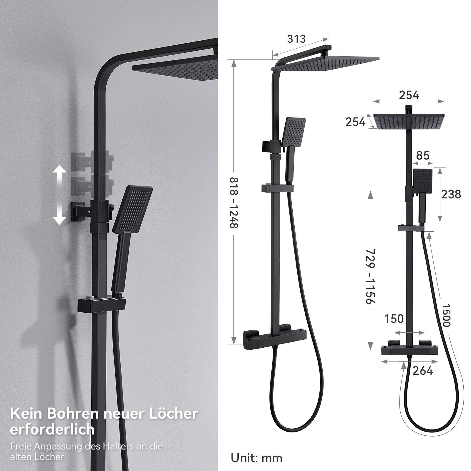 Colonne de Douche Thermostatique, Colonne de Douche Noir Réglable Hauteur, Colonne de douche avec mitigeur, Mitigeur Douche pour Salle de Bain - 4