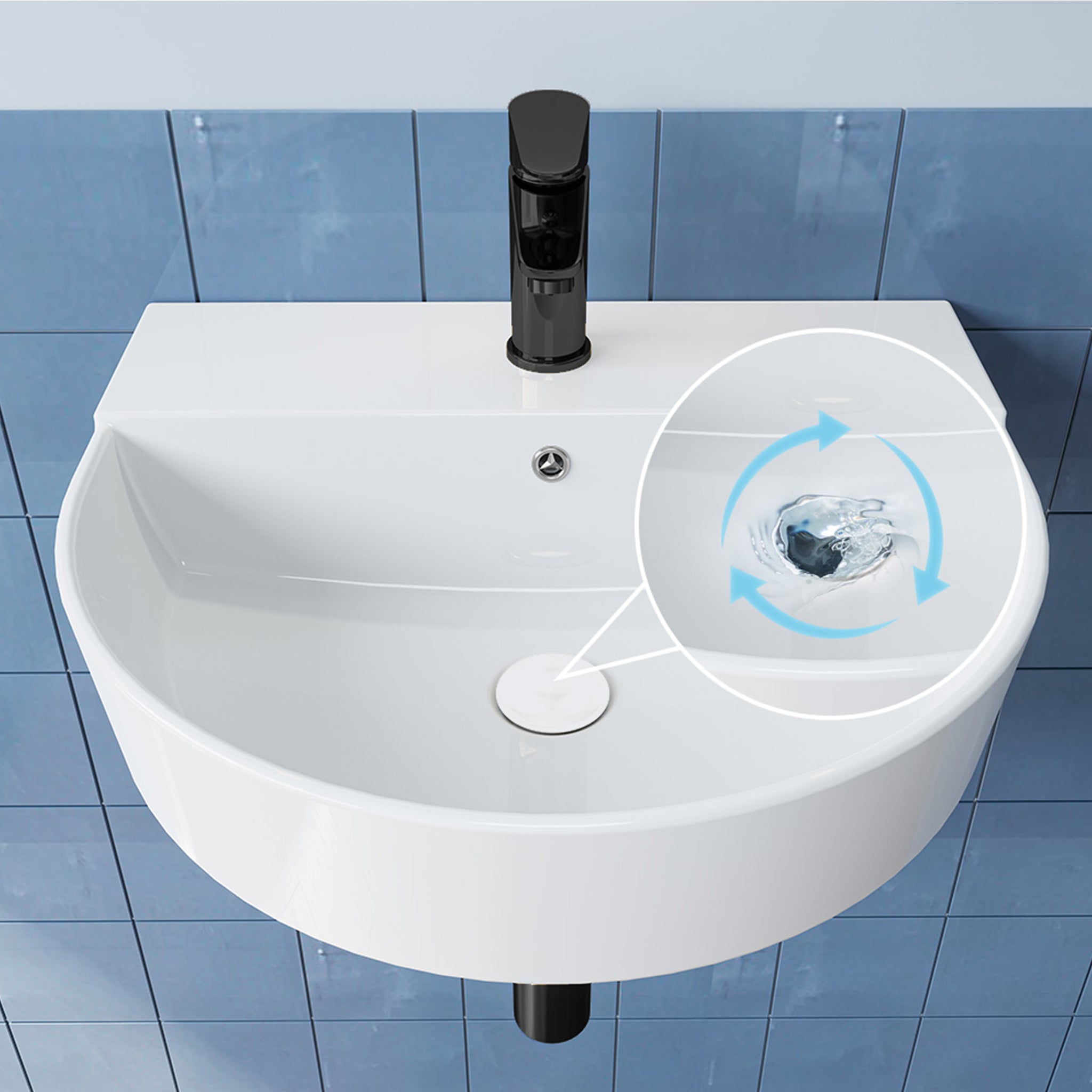 HOROW Lavabo semi-circulaire en céramique, à fixer au mur ou à poser, avec trop-plein et trou pour robinetterie, 50 x 44 cm - 7