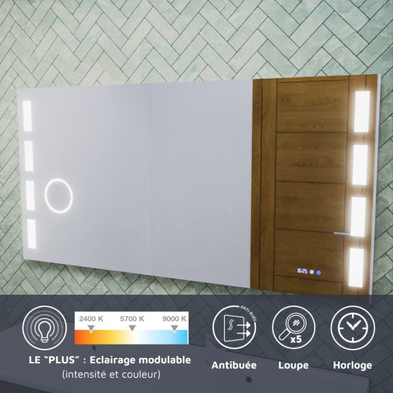 Miroir LED réglable EXCELL PLUS - 140 x 70 cm avec antibuée, loupe et horloge - 2