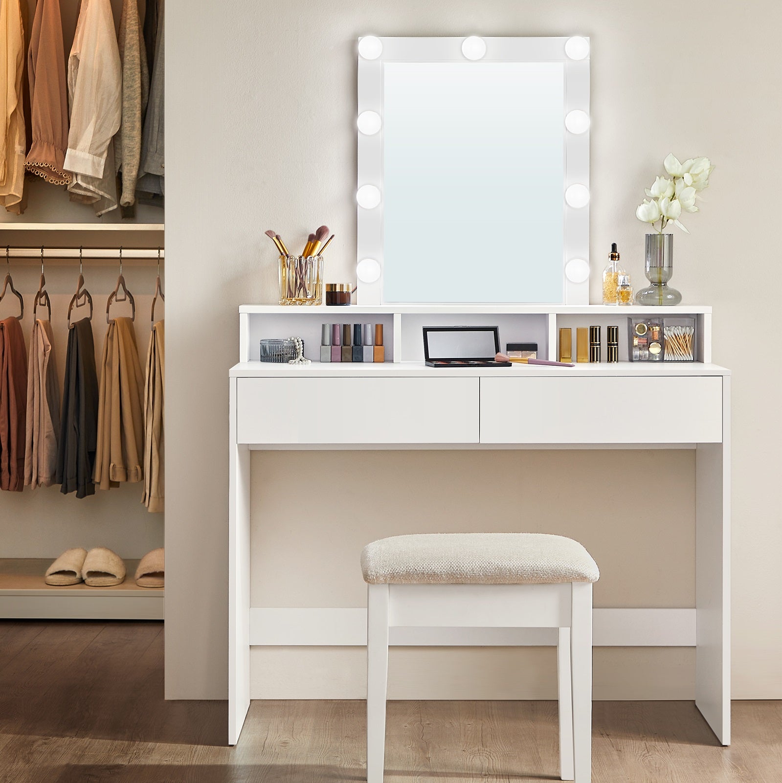 Coiffeuse, Miroir avec LED à Luminosité Réglable, 2 Tiroirs et 3 Compartiments, 100 x 40 x 145 cm (L x P x H), Blanc - 5