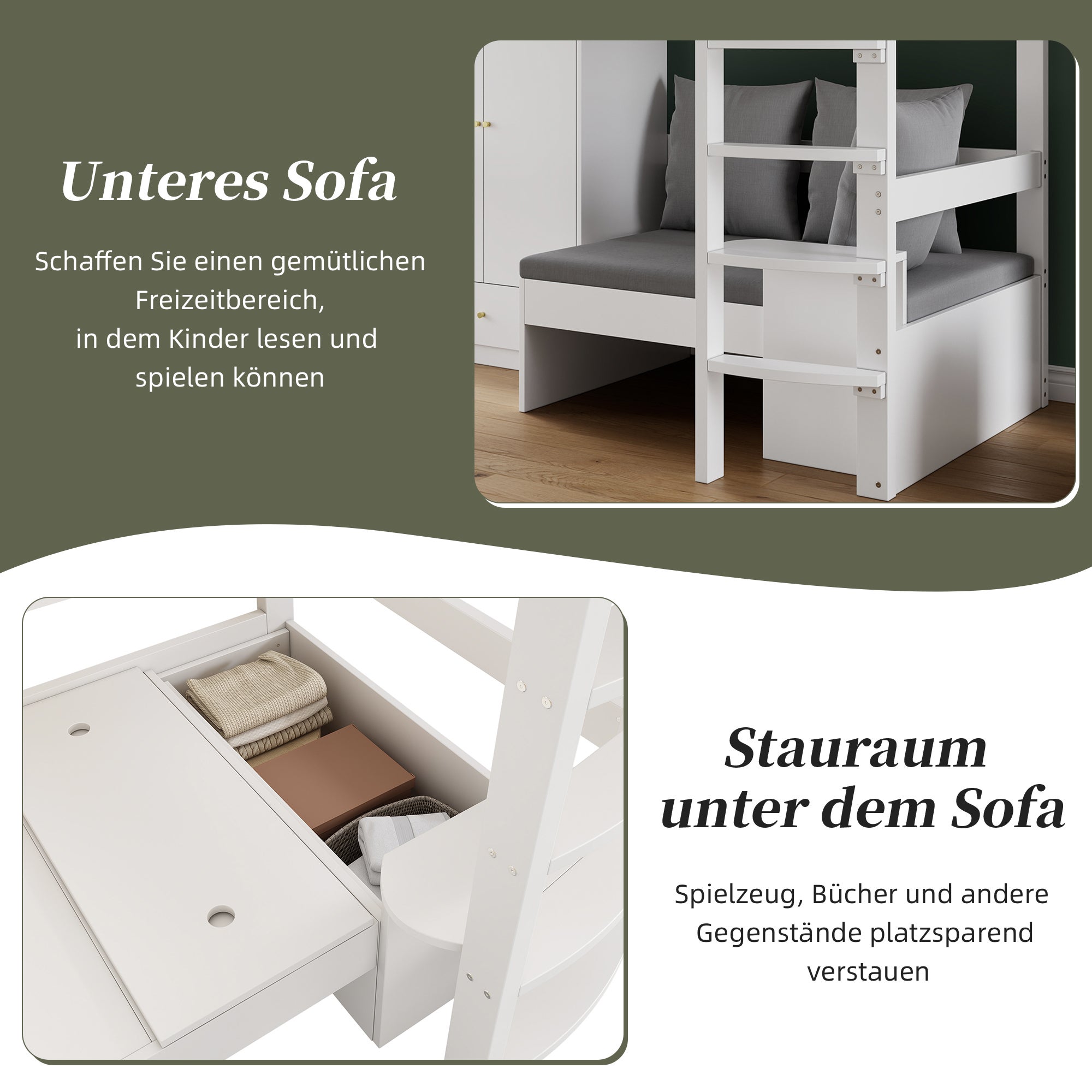 Letto a castello 90 x 200 cm, letto per bambini, con scaletta, armadio, divano con spazio contenitore, senza materasso, legno massello, bianco - 8