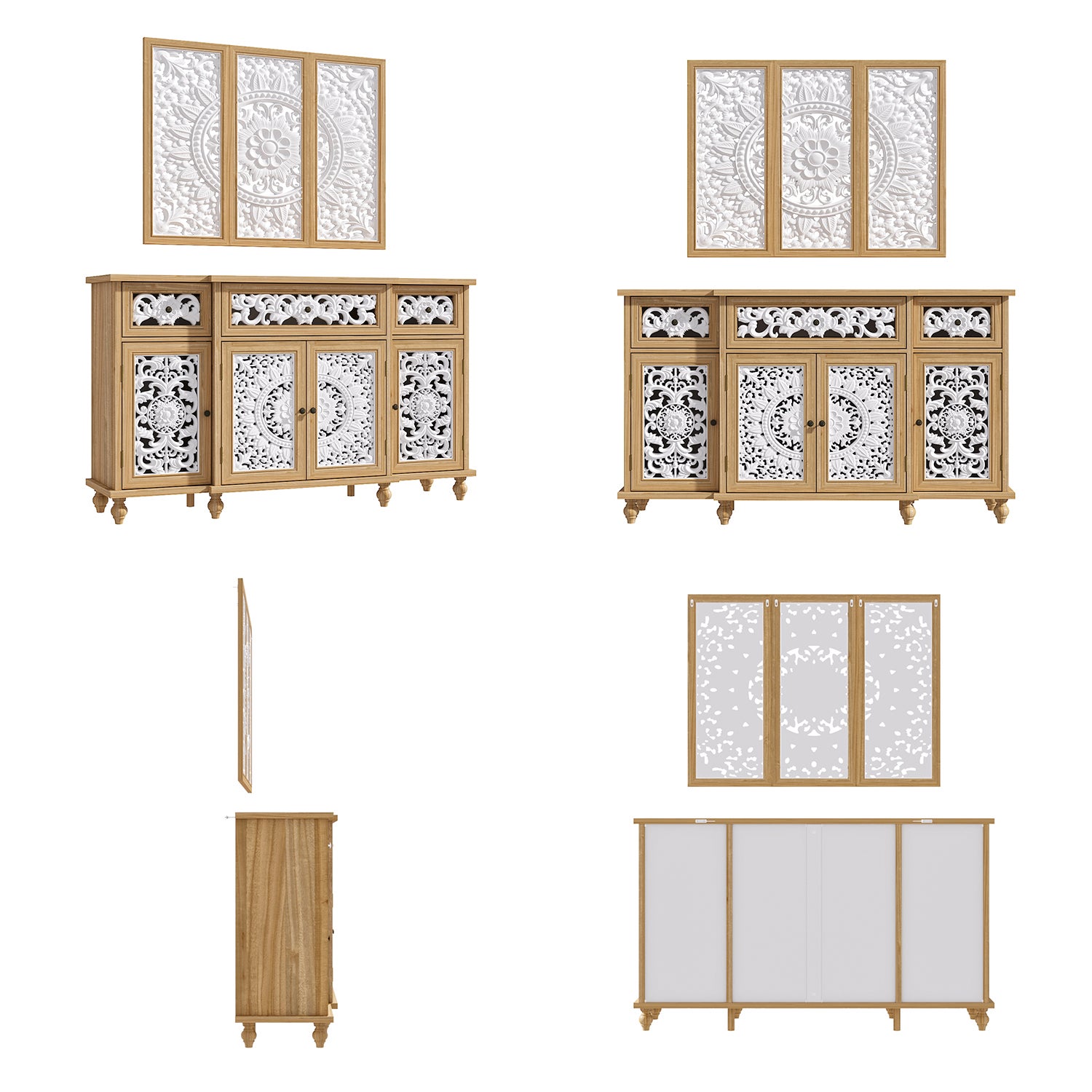 Buffet de Salon avec Décor Mural, 3 Tiroirs et 4 Portes avec Façade Sculptés et Ajourés, Chambre et Salon, 150x40x90, Blanc et Chêne - 7