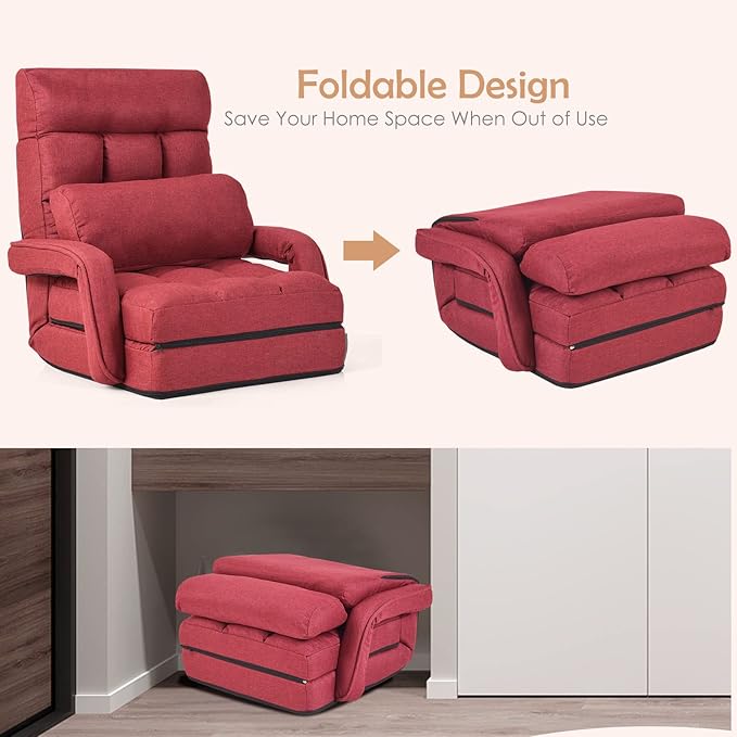 LIFEZEAL Fauteuil de Salon Convertible avec Dossier Réglable sur 5 Positions，Fauteuil Sol avec Accoudoirs, Chauffeuse 1 Place Pliable(Rouge) - 6
