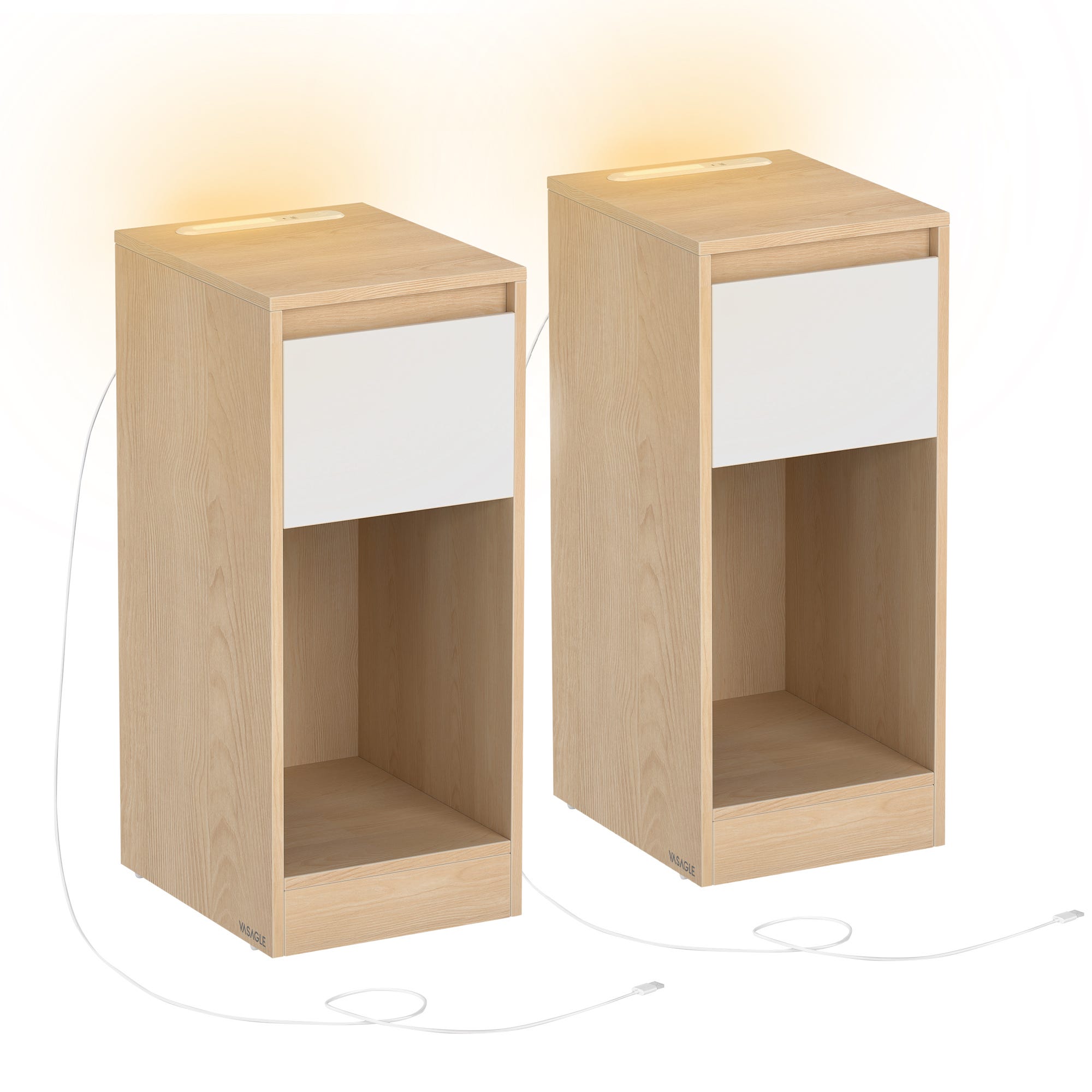 Table De Chevet Mobile Avec Roulettes - 25 Cm De Large, 2 Tiroirs, 2 Prises AC + 2 USB, LED RGB - Pour Chambre, Salon, Espaces étroits