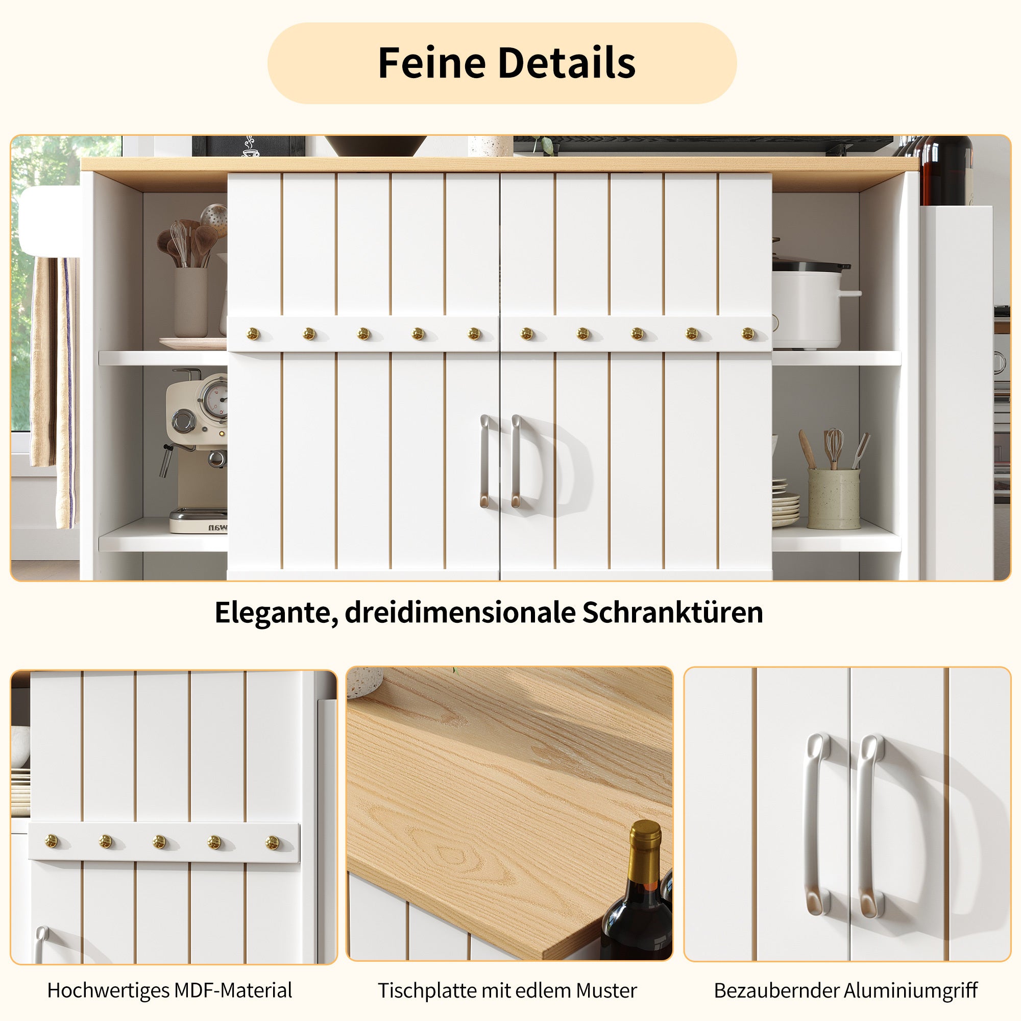 Buffet cuisine avec plan de travail, Chariot à roulettes avec tiroirs, Desserte cuisine avec étagère à épices et porte serviettes,Blanc 110x42x90cm - 9