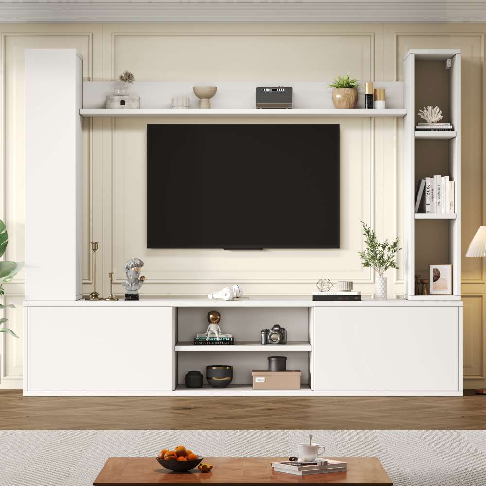 Szafka ścienna RTV 4-częściowa 180x35x33,5 cm z witrynami, półkami i kredensem – biały designerski salon do 80 cali