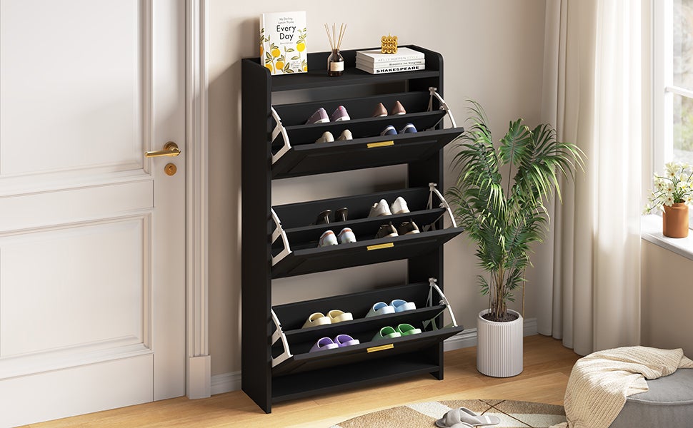 Meuble à chaussures avec 3 portes rabattables - 70 x 24 x 120 cm - MDF et panneaux de particules - Noir - 9