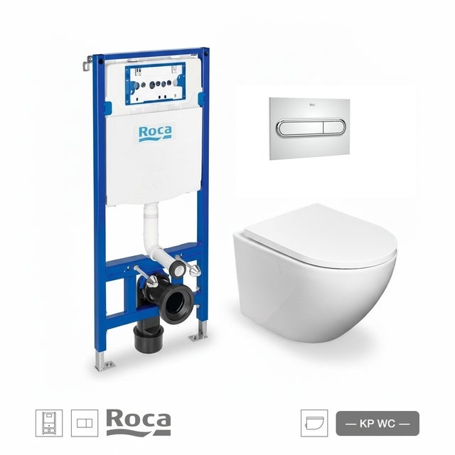 Pack Bastidor ROCA Duplo One con Cisterna Empotrada, Pulsador PL1 Cromo Brillo y WC Suspendido Round Smart 52 cm Soft-Close Tapa Envolvente