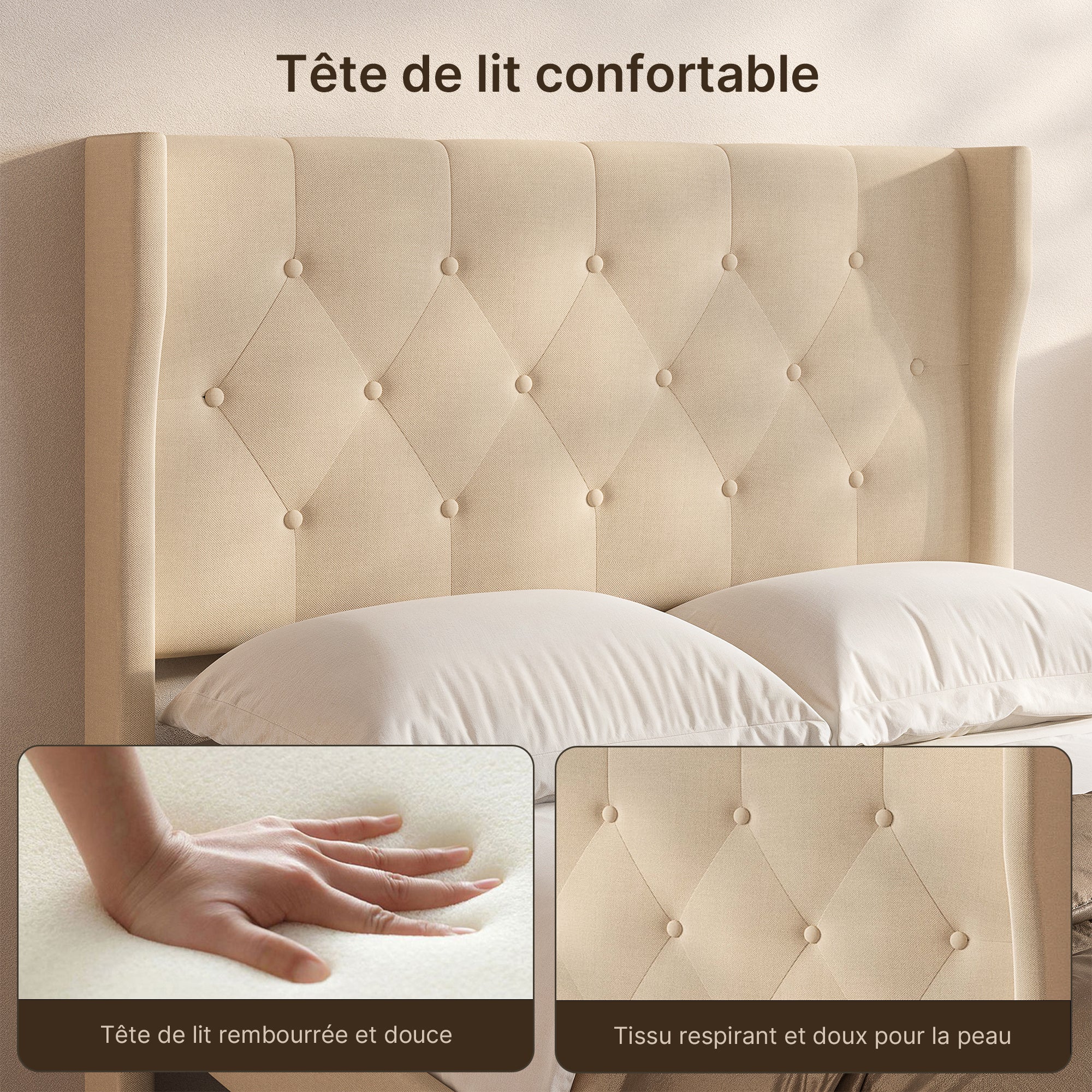 Structure de lit simple rembourré avec sommier à lattes et tête de lit, Tissu Beige, 120 x 200 cm - 5