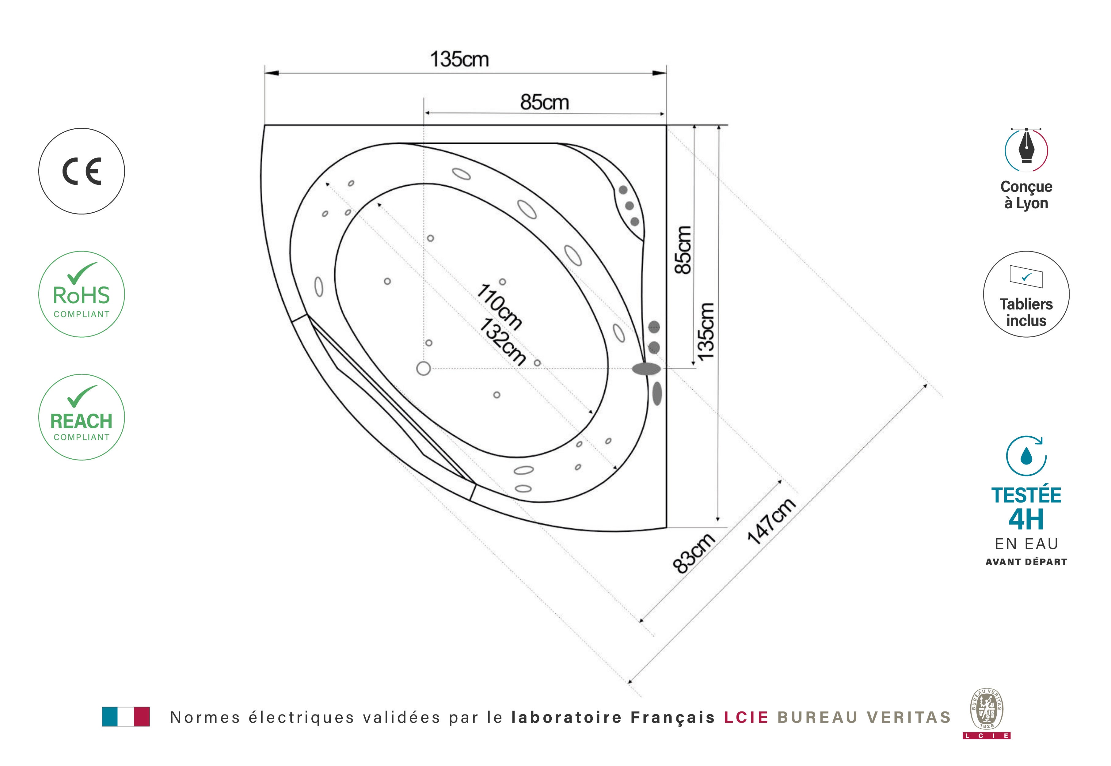 Baignoire Balnéo Tasmanie Jets 135 x135 x54 cm, by SPALINA - 10