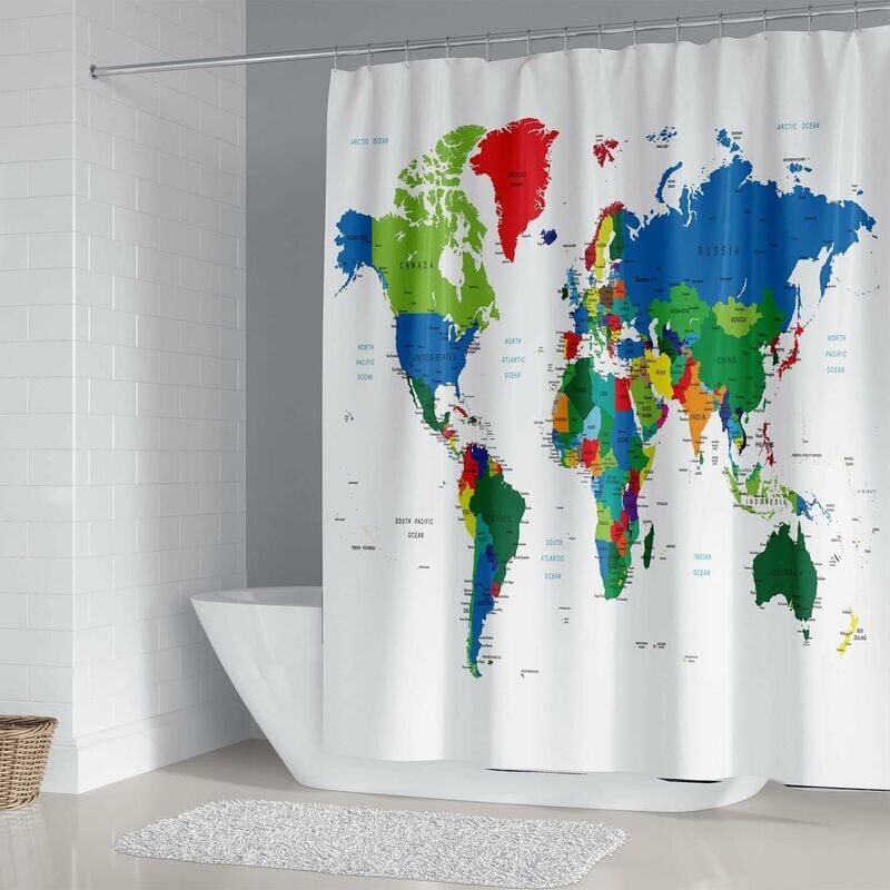 Tenda Da Doccia Con Mappa Del Mondo, In Poliestere, 182,9x182,9 Cm, Impermeabile, Asciugatura Rapida, Con 12 Ganci, Lavabile