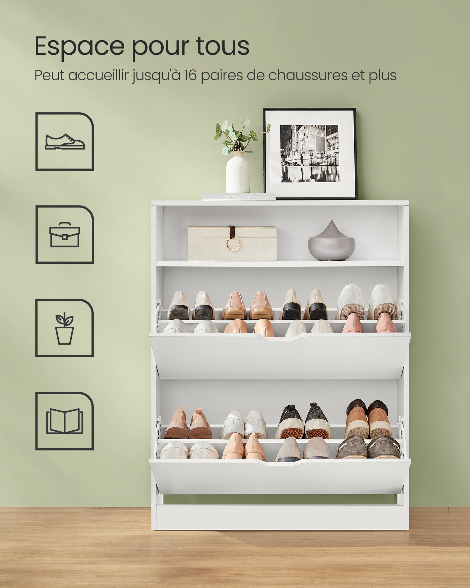 Meuble à Chaussures 2 Portes Battantes,11 à 16 Paires, pour Petite Entrée, 24 x 80 x 102 cm, Blanc Nuage - 3