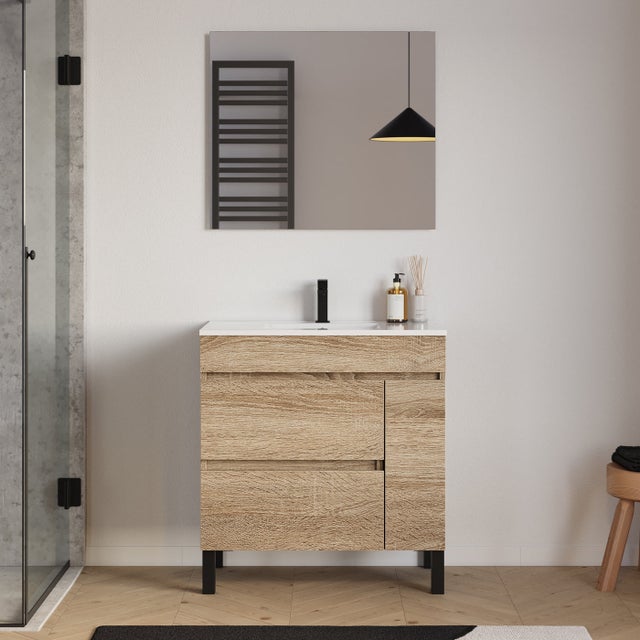 Meuble de salle de bain 80cm simple vasque sur pieds avec porte et tiroirs - cambrian (chêne clair) - LAZARO