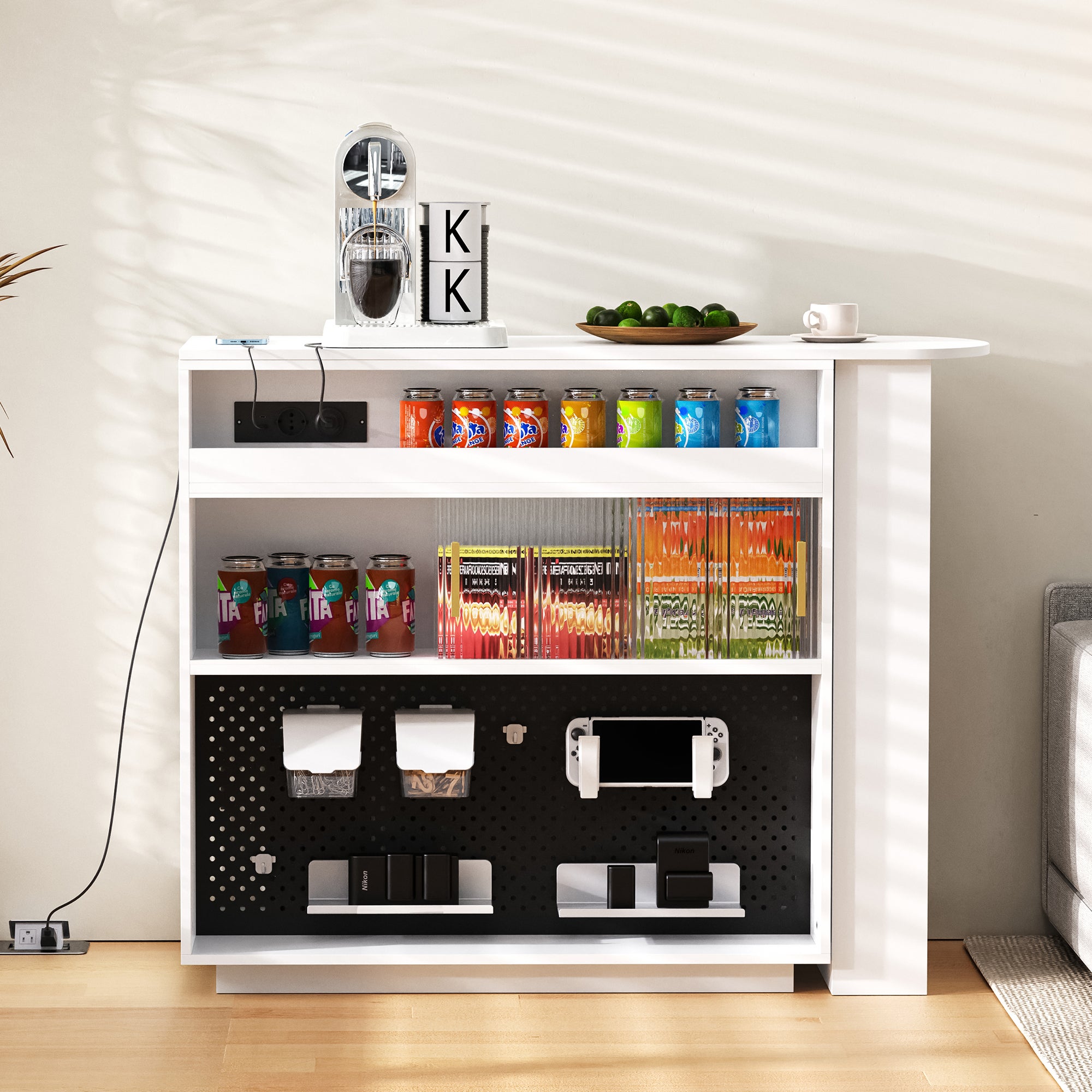 Meuble de bar de cuisine extensible - et rotation à 360° - avec prise - avec espace de rangement et éclairage LED - avec étagères latérales - Blanc - 3