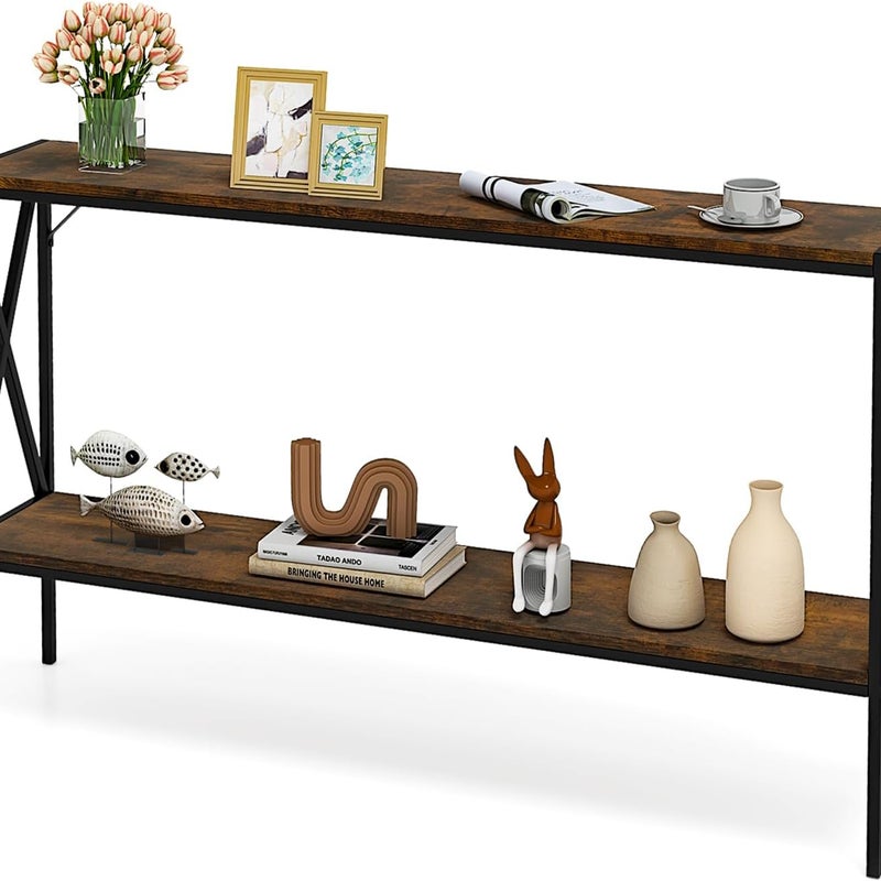 Stół konsolowy, 120 cm, wąski, stolik kawowy z geometryczną metalową ramą, stolik pomocniczy 2 poziomy do salonu, wejścia, industrialnego wzornictwa