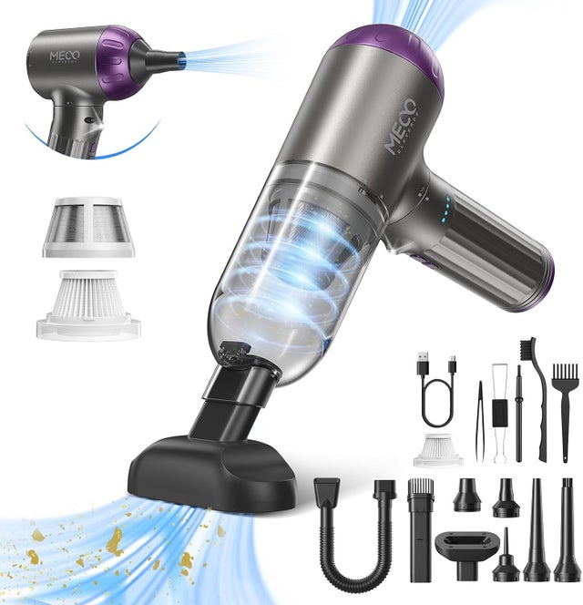 Aspirateur Voiture Sans Fil 18KPA, Mini Aspirateur à Main avec Souffleur, Moteur Sans Balai, Lumières LED, Violet