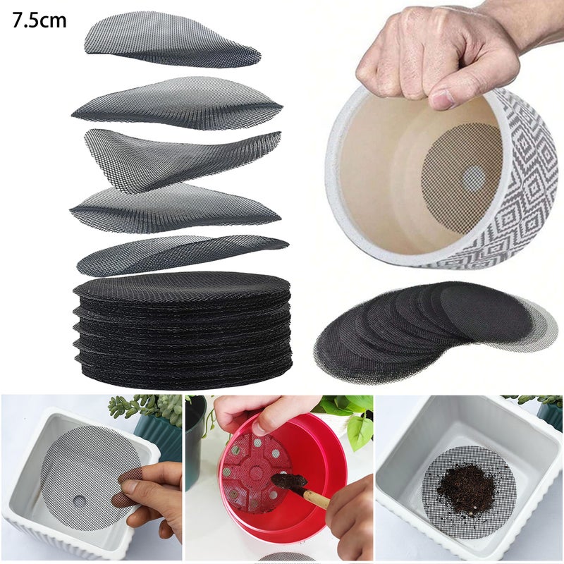 200 sztuk podkładek z siatki na otwory do doniczek, ekrany na otwory drenażowe do doniczek, 75 mm, zapobiegające utracie gleby, siatka mata