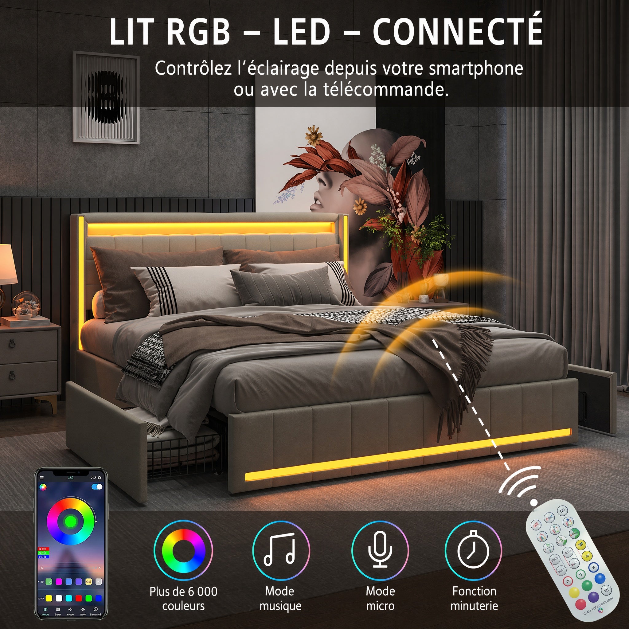 Lit 180x200 avec 4 tiroirs, sommier à lattes, lit double adulte capitonné, tête de lit LED, ports USB et Type-C, lit king size, tissu lin, Beige - 7