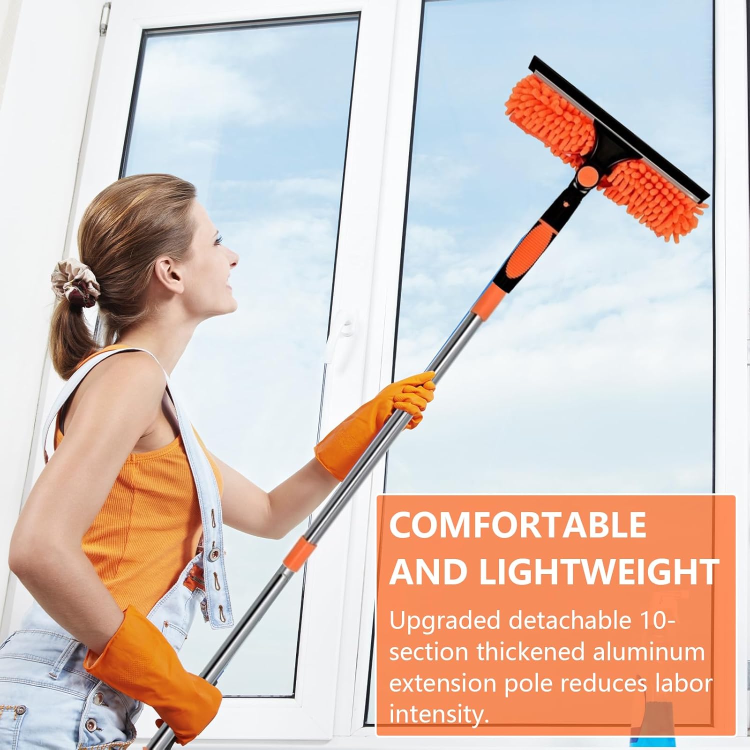 4,3 m Lave-vitres télescopique 2 en 1 avec manche long, grattoir et chiffon nettoyage pour fenêtres hautes, murs et voitures - 2