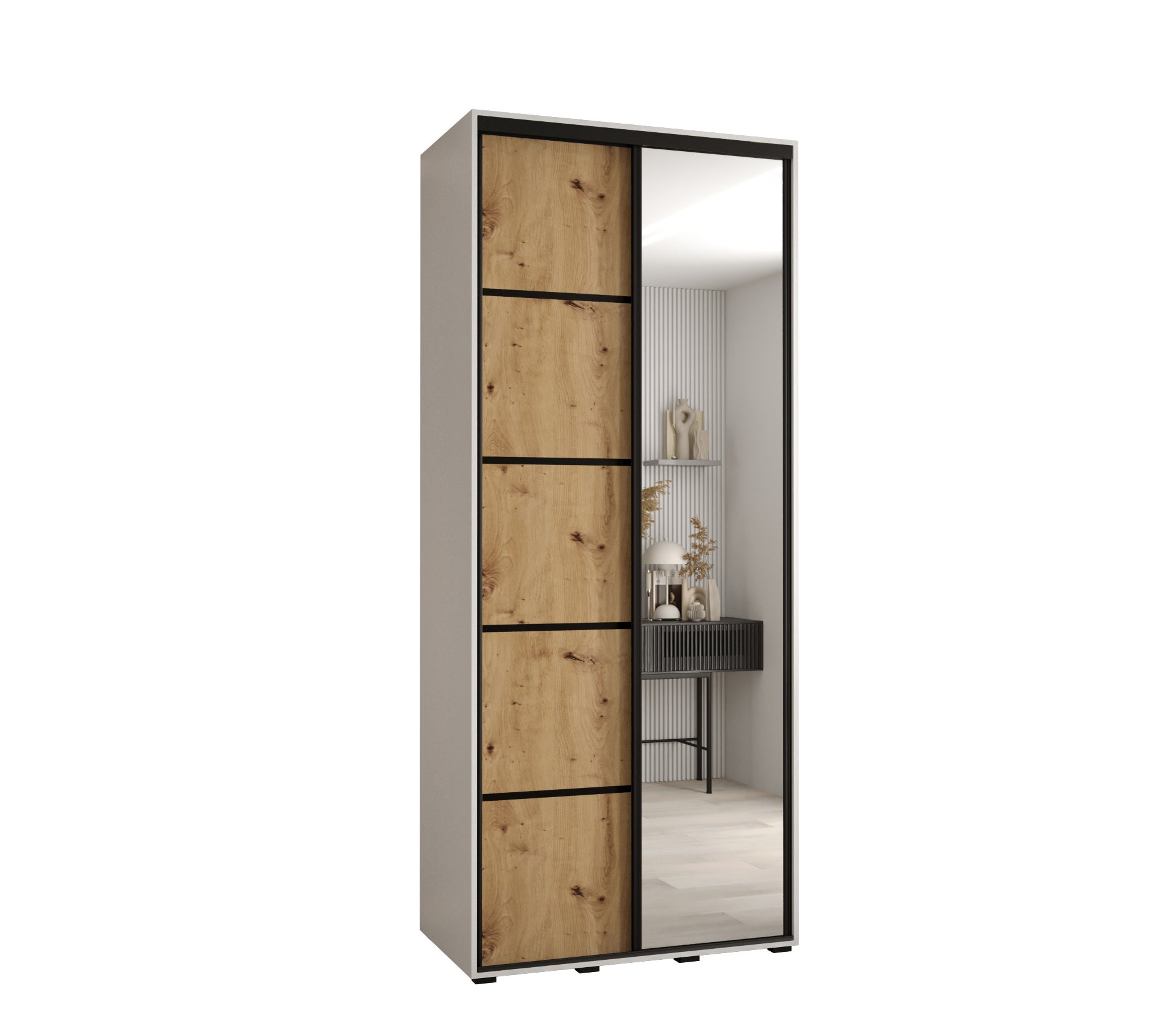 Szafa przesuwna z lustrem wysoka Davos 5 110 x 45 x 235,2 cm biały + artisan + u. czarny - Abiks Meble