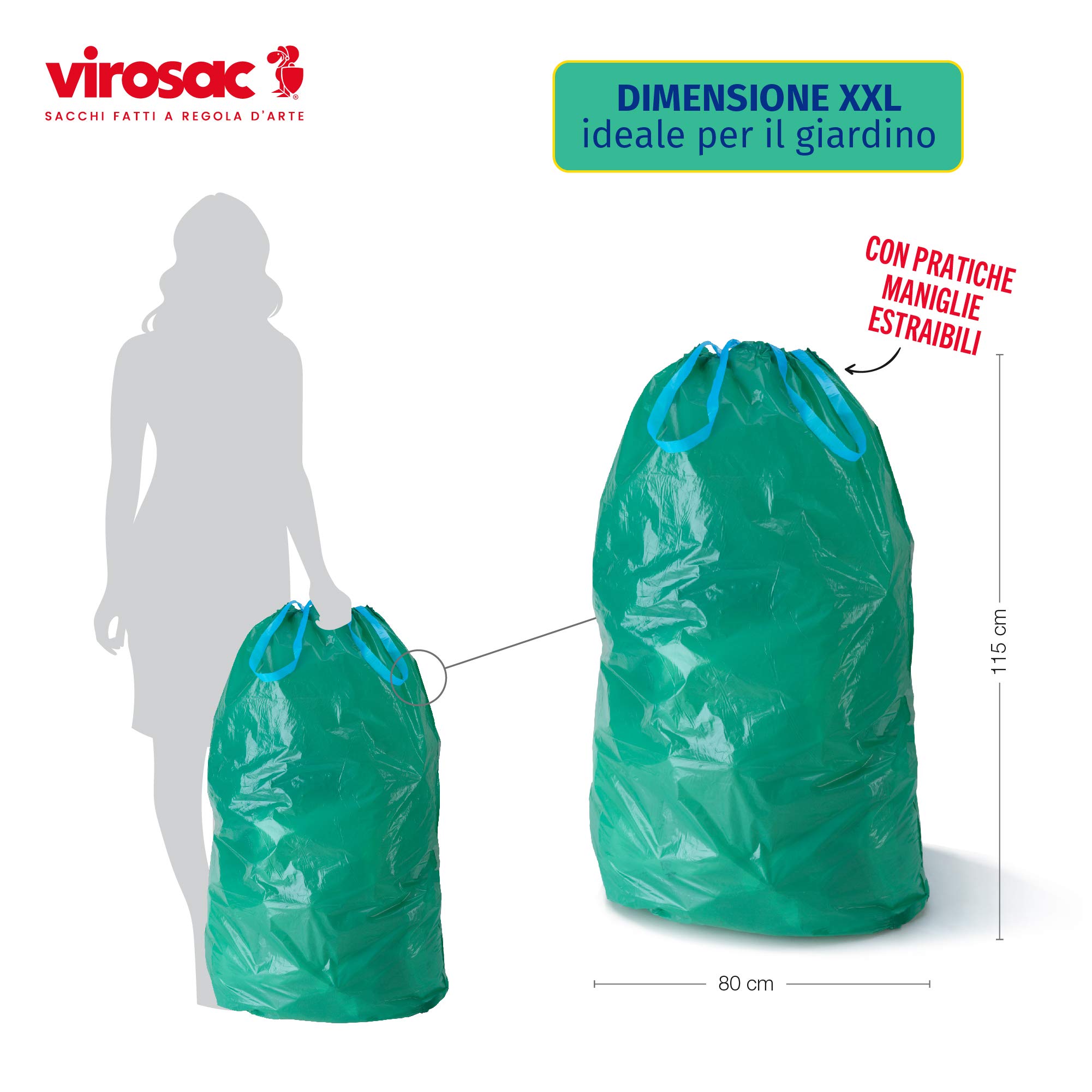 VIROSAC Gransacco - Sacchi Verdi 80x115, Antiforo E Con Maniglie Estraibili, Ideali Per Giardinaggio, 10 Pezzi Per Rotolo, Kit Da 2 Rotoli, color Verd - 4