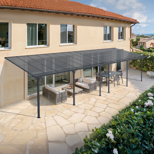Pergola/Carport adossée 30m² KLEO 10x3m gris - toit terrasse en aluminium et polycarbonate