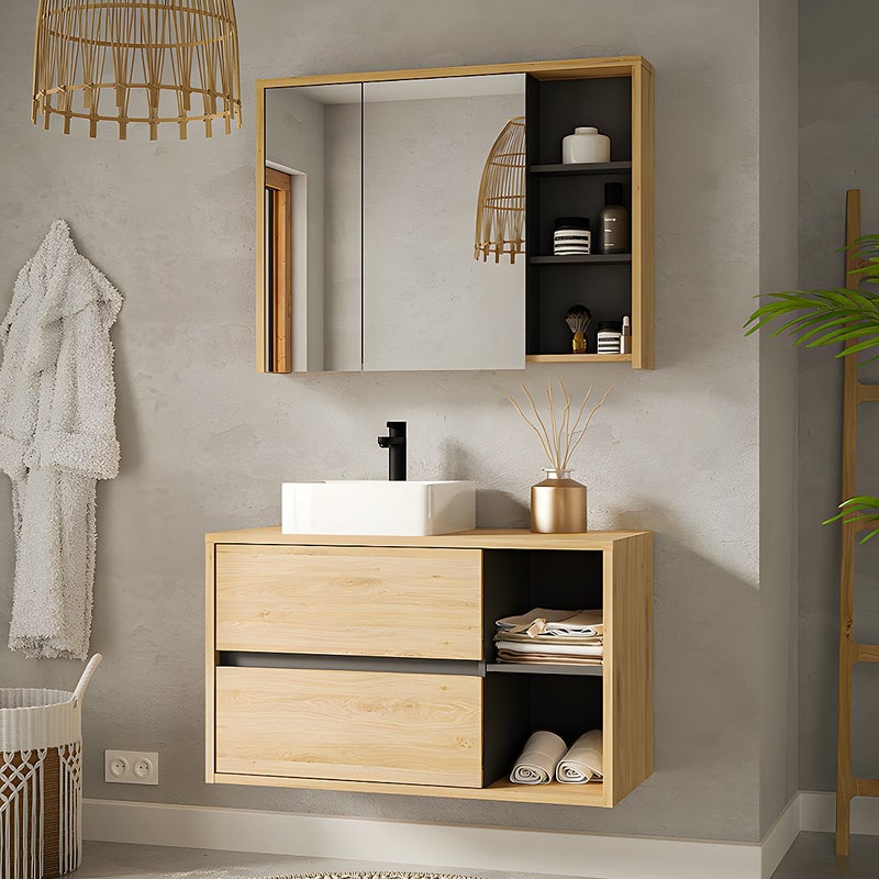Szafka łazienkowa wisząca w kolorze naturalnym, z pojedynczą umywalką i dodatkową szafką ścienną w kolorze naturalnym – 100 cm - PURNAL