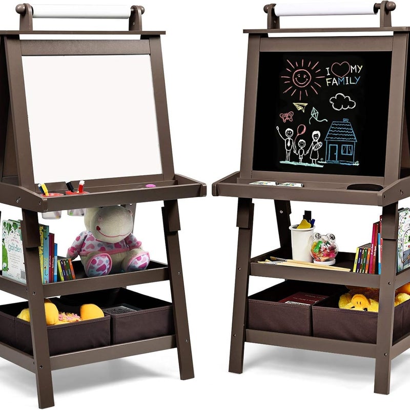 Dwustronna Tablica dla Dzieci, Sztaluga z Białą/Czarną Tablicą do Pisania Markerami, Magnetyczna, Tablica Kredowa dla Dzieci Powyżej 3 Lat, Kawa