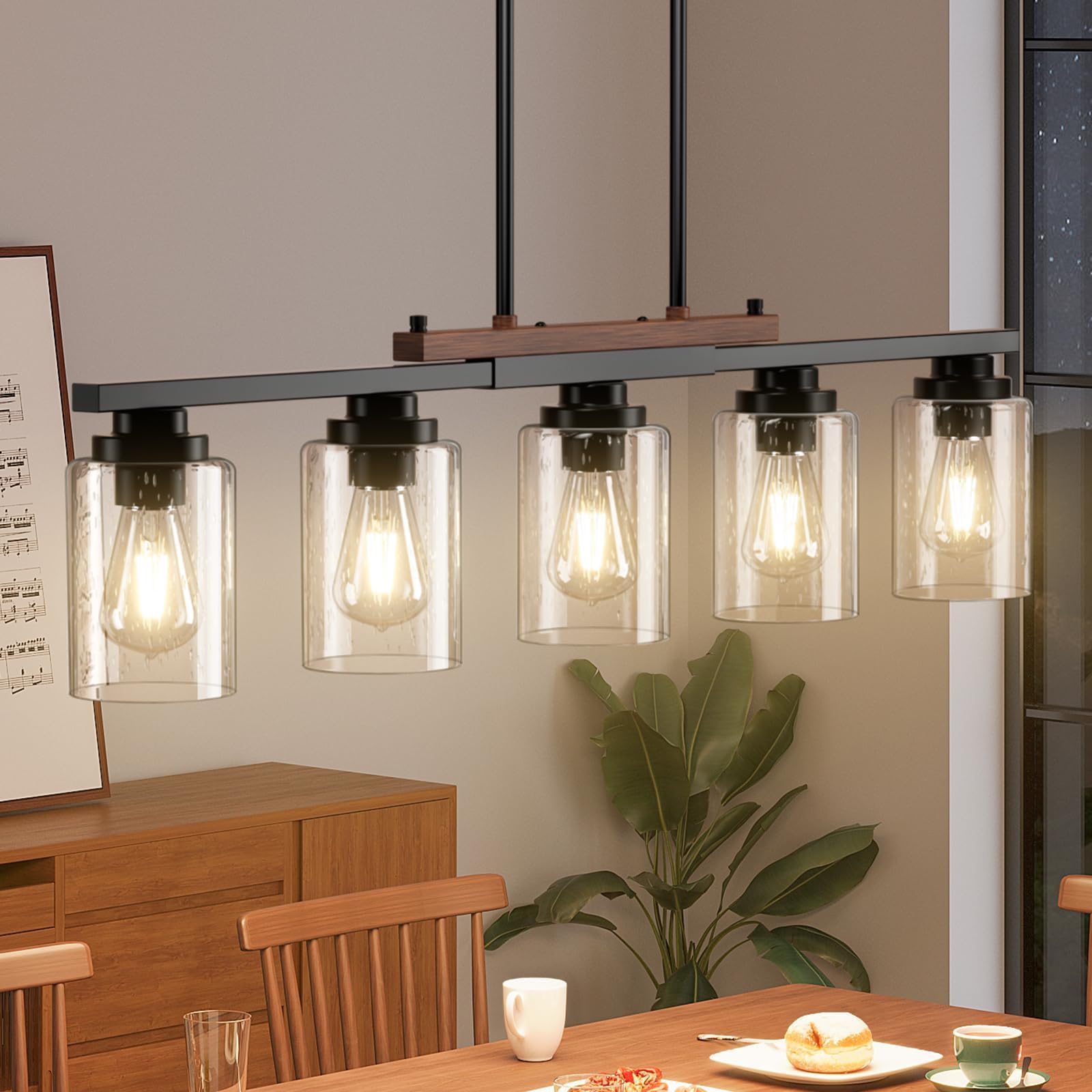 Lustre de cuisine 5 lumières avec tiges réglables, décoration rustique, suspension en métal avec abat-jour en verre, luminaires pour îlot de cuisine - 8