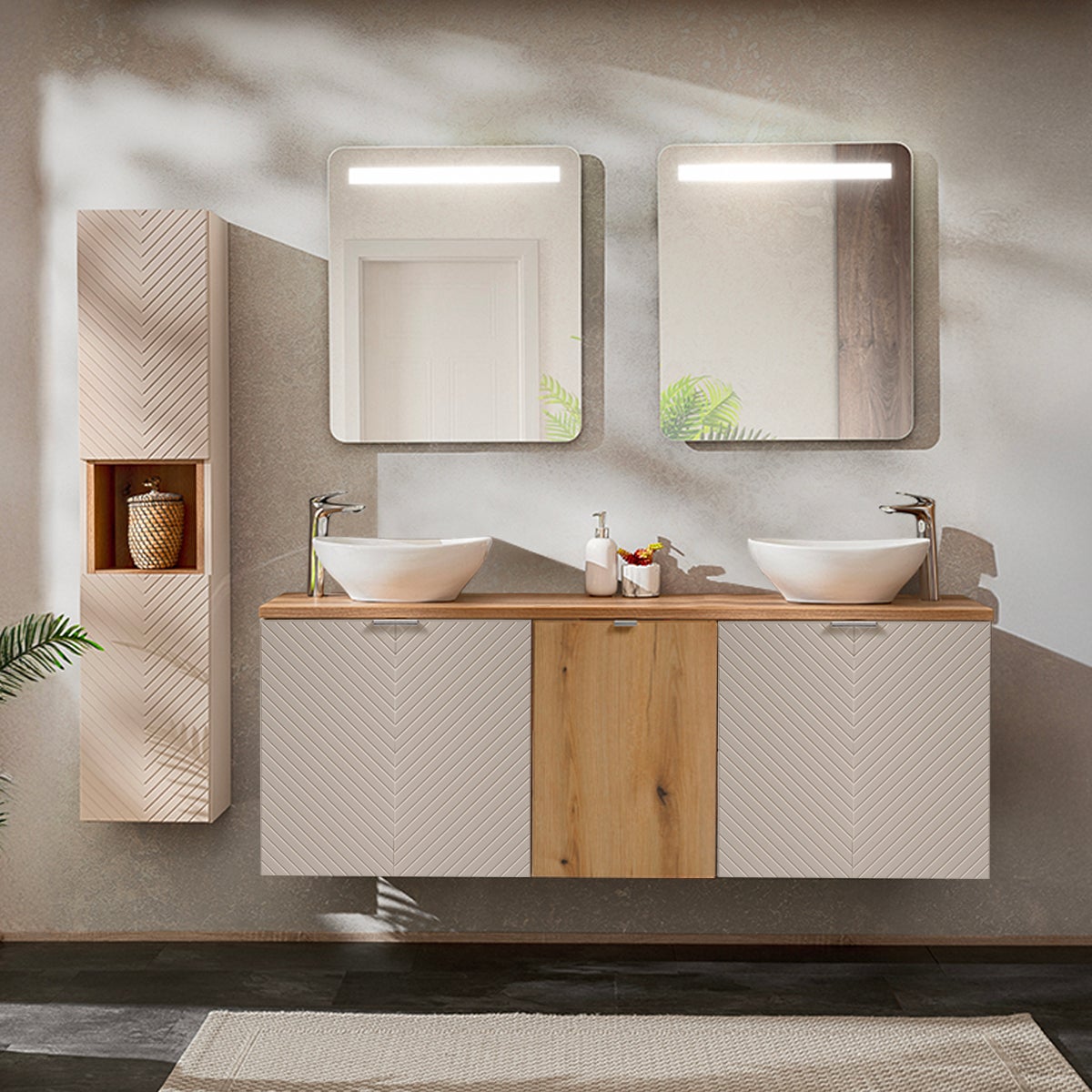 Conjunto mueble lavabo doble 160cm 4 puertas cesto de ropa y columna ...