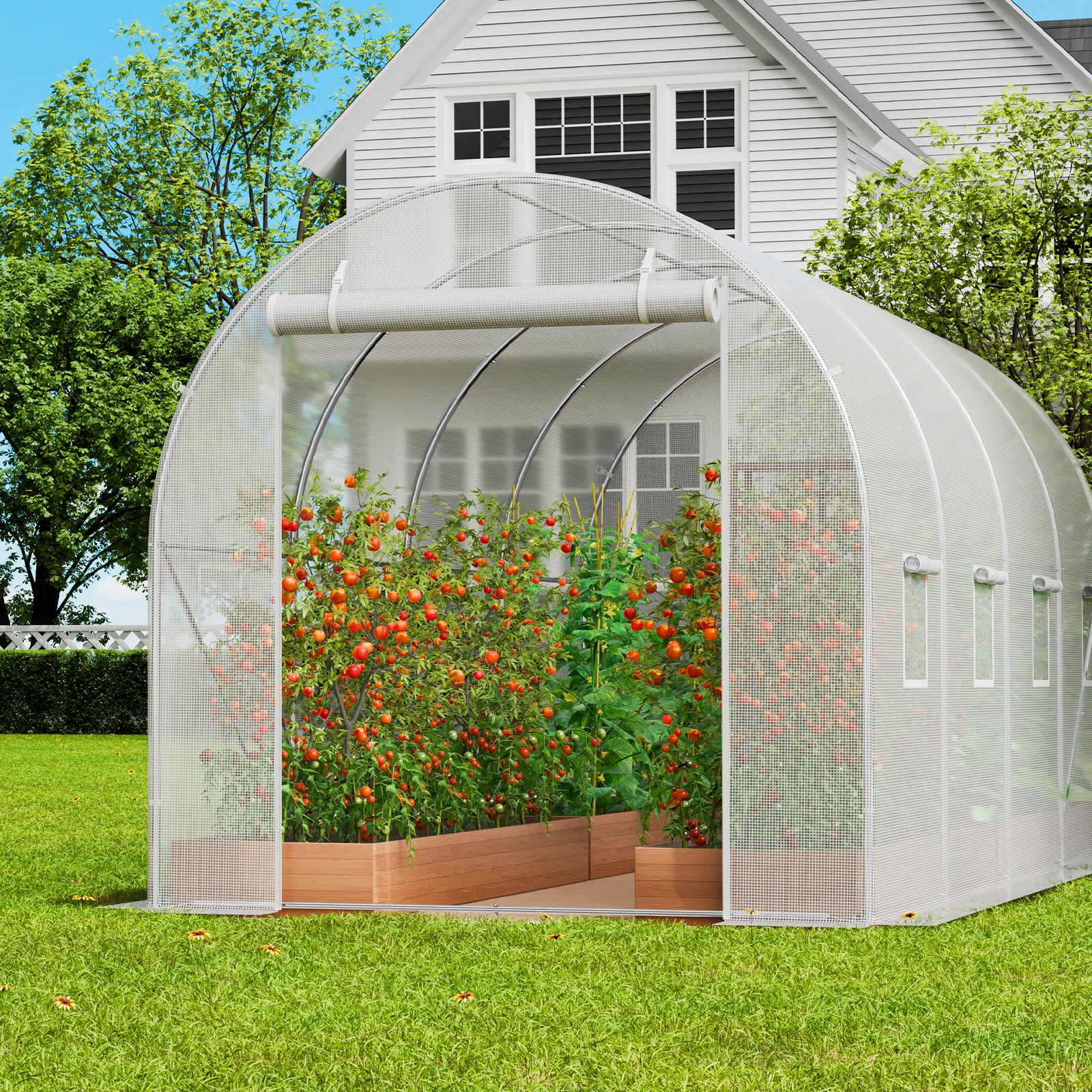 Serre tunnel de jardin,VEVOR tente phytosanitaire,cadre en acier galvanisé,couverture en PE blanc,porte à fermeture éclair roulante,8 fenêtres - 8
