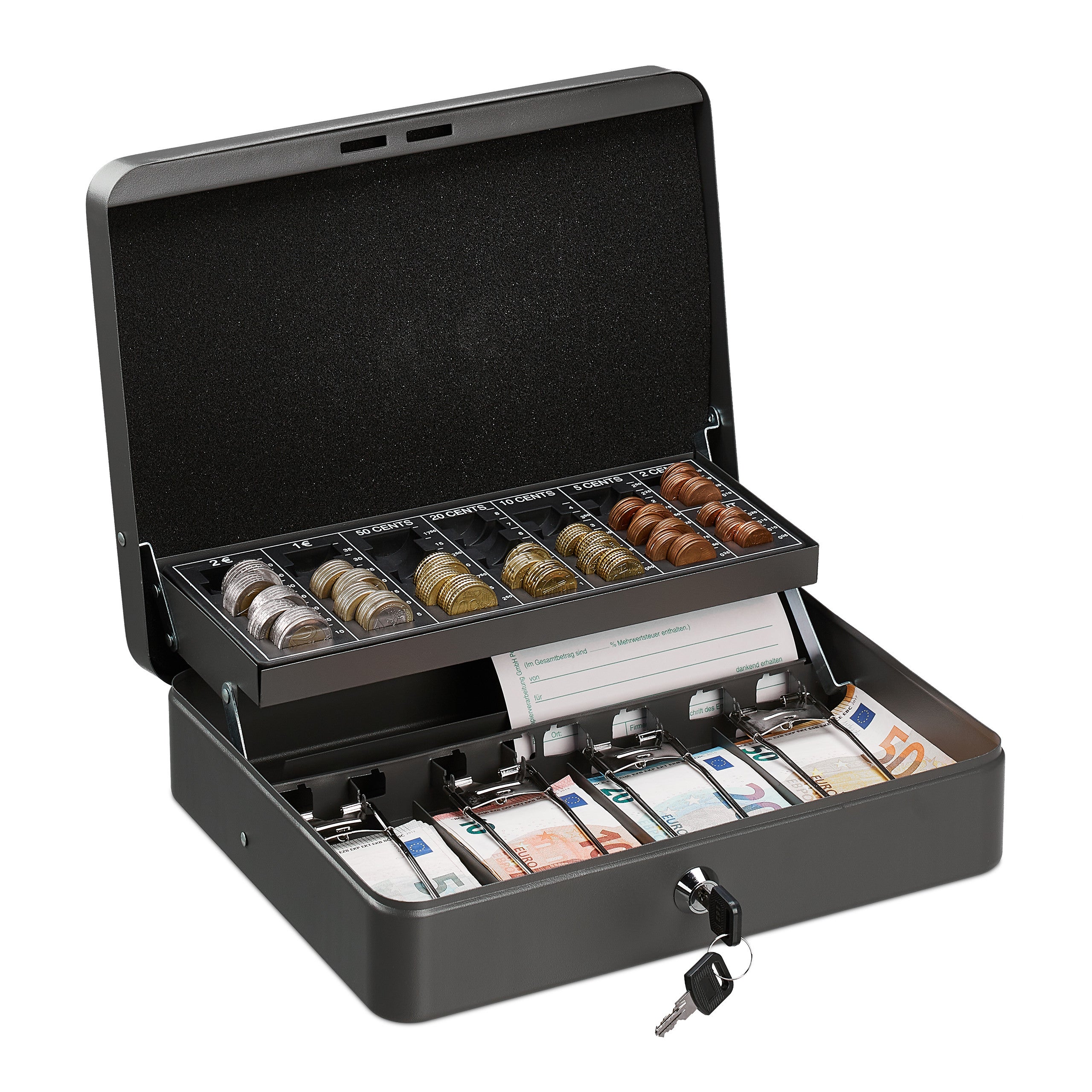 Cassetta Portasoldi Relaxdays Con Scomparti Per Banconote E Monete - Grigio 30,5x24,5x8,5 Cm - Foto 2