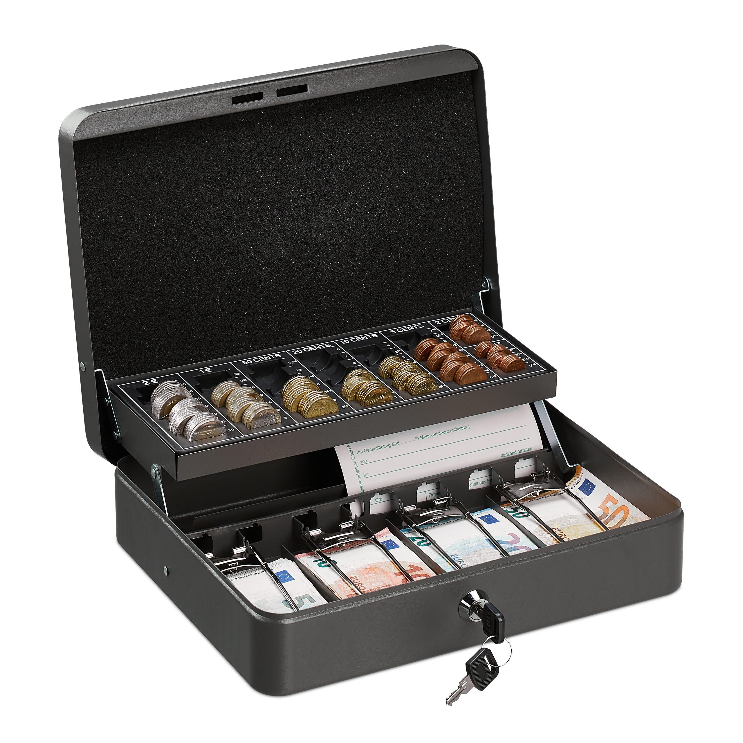 Cassetta Portasoldi Relaxdays Con Scomparti Per Banconote E Monete - Grigio 30,5x24,5x8,5 Cm - Foto 2