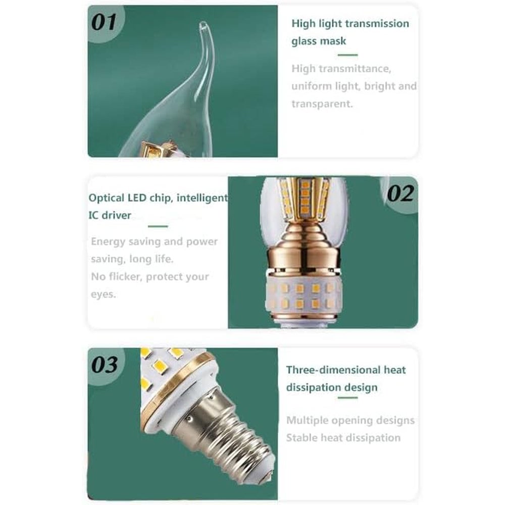 6 pièces E14 8W LED petites ampoules à vis, lumière blanche 6000K, Non variable, ampoules de lustre modernes de luxe, forme de flamme AC 240V - 3