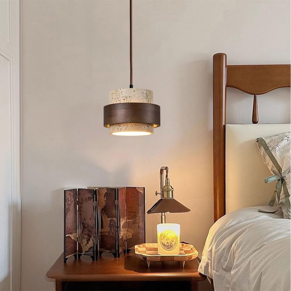 Lustre de style wabi-sabi en pierre naturelle nordique, lustre jaune style grotte, design bois et pierre, style ferme vintage, lampe en travertin. - 8