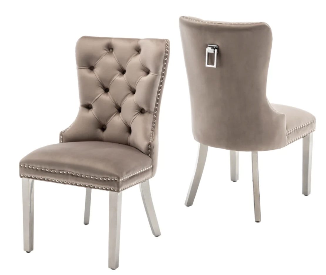 Chaise design velours capitonné clouté et pieds acier chromé Kazar ...