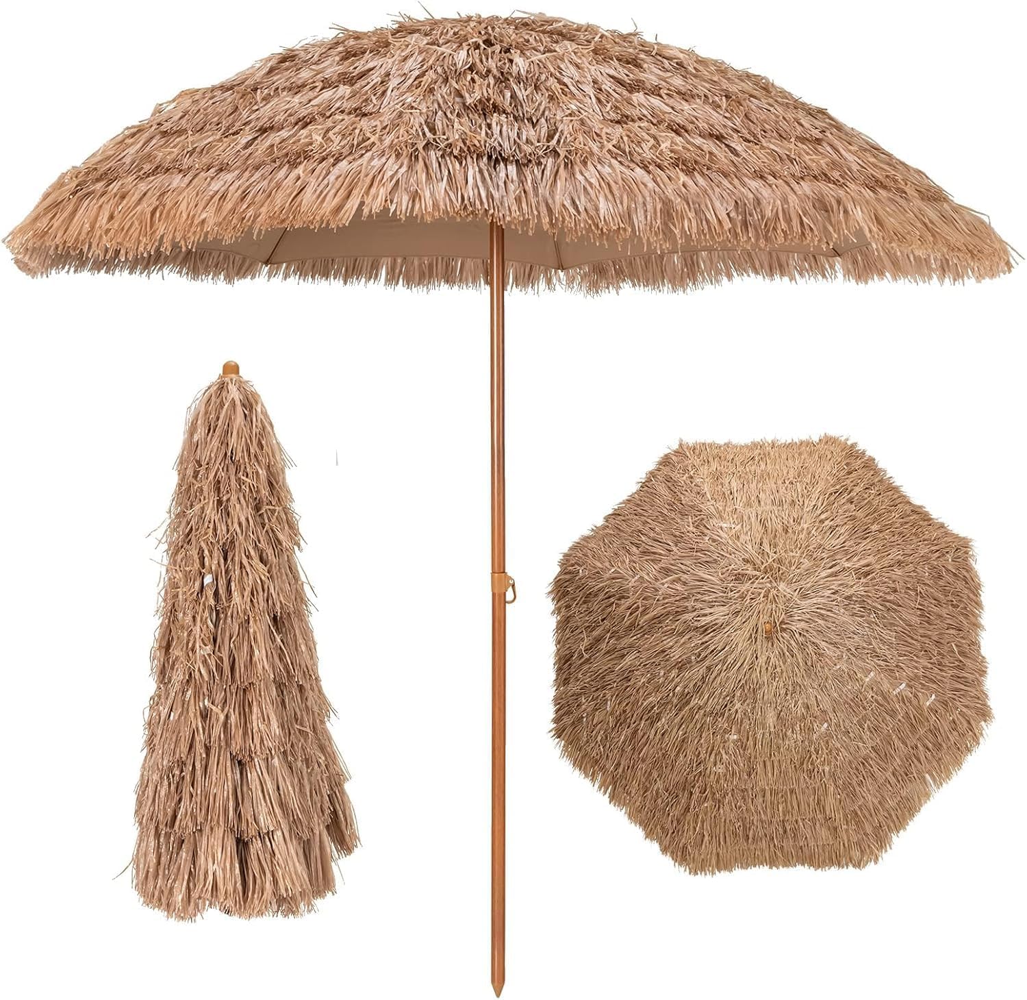 Parasol Ogrodowy ze Słomy PP 205Dx222H cm, Składany Parasol Prosty Egzotyczny z Drapowaną Krawędzią/8 Żeber do Plaży/Tarasu/Basenu GIANTEX