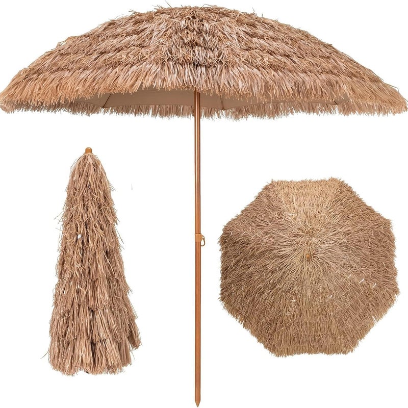 Parasol Ogrodowy ze Słomy PP 205Dx222H cm, Składany Parasol Prosty Egzotyczny z Drapowaną Krawędzią/8 Żeber do Plaży/Tarasu/Basenu GIANTEX